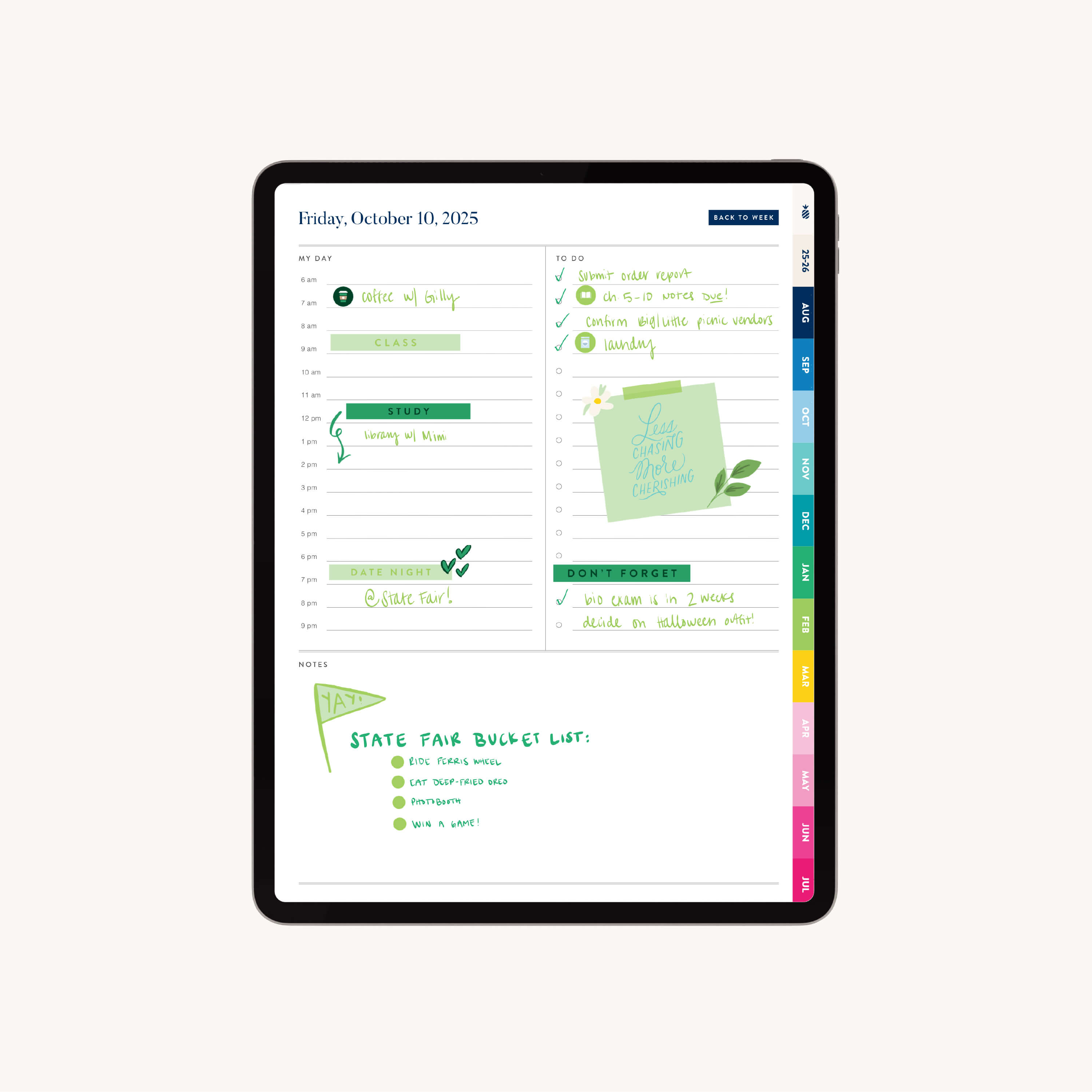 An iPad shows the Simplified 2025-2026 Digital Simplified Planner with tasks, reminders, a state fair note, an inspiring quote, and colorful right-side tabs for easy organization on Friday, October 10, 2025.