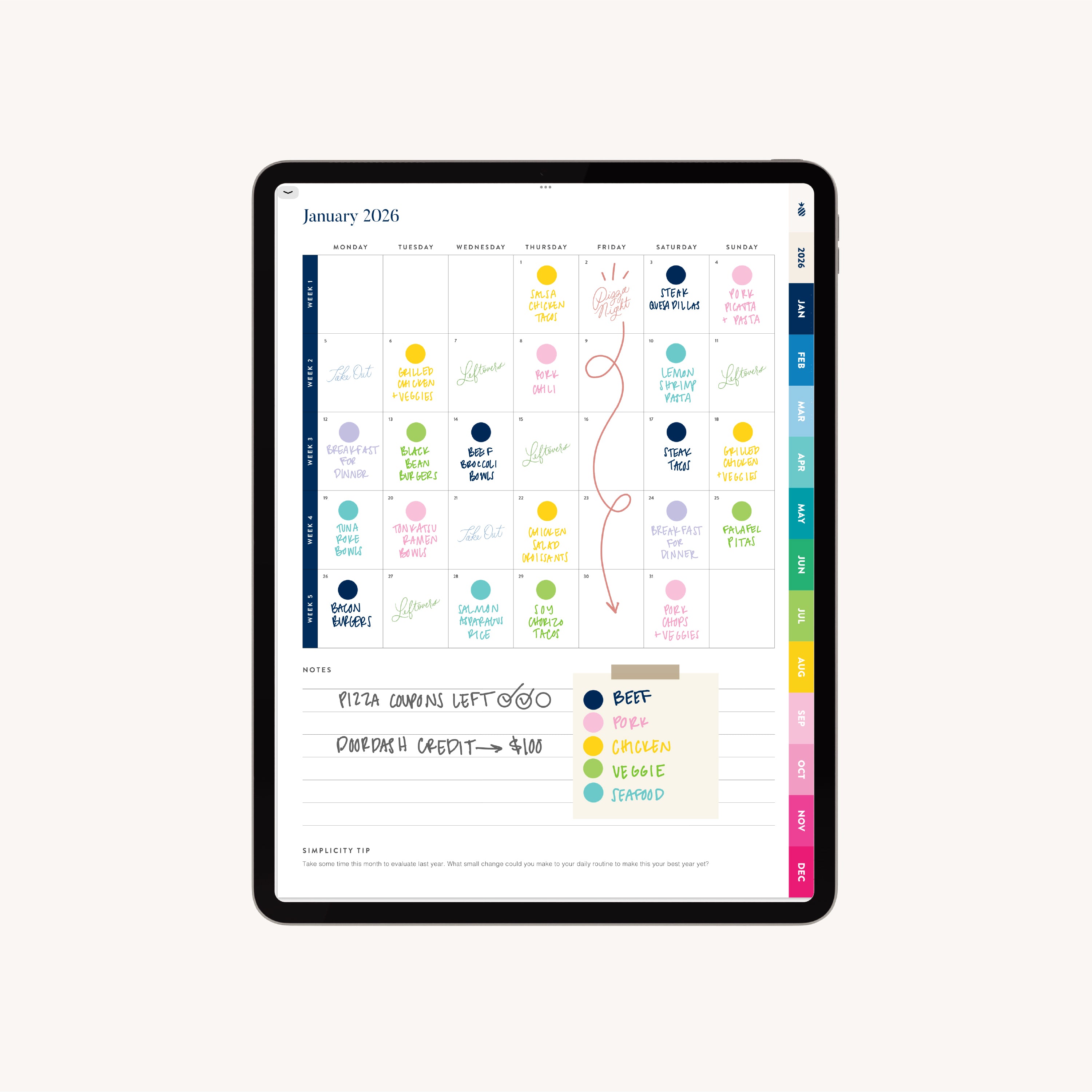 The Simplified 2026 Digital Simplified Planner for iPads displays a January meal layout with daily dinners color-coded by protein, plus notes and grocery lists—ideal as a PDF planner for Goodnotes.