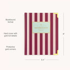 The Simplified 2026-2027 Bookbound Weekly Planner in Berry Stripe features berry and pink stripes, gold foil accents, protective corners, lay-flat binding, and measures 8 x 6.4.