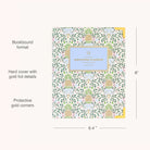 The Simplified 2026-2027 Bookbound Weekly Planner in Pineapple Charm features a colorful design, gold foil accents, protective corners, lay-flat binding, and measures 8 x 6.4.