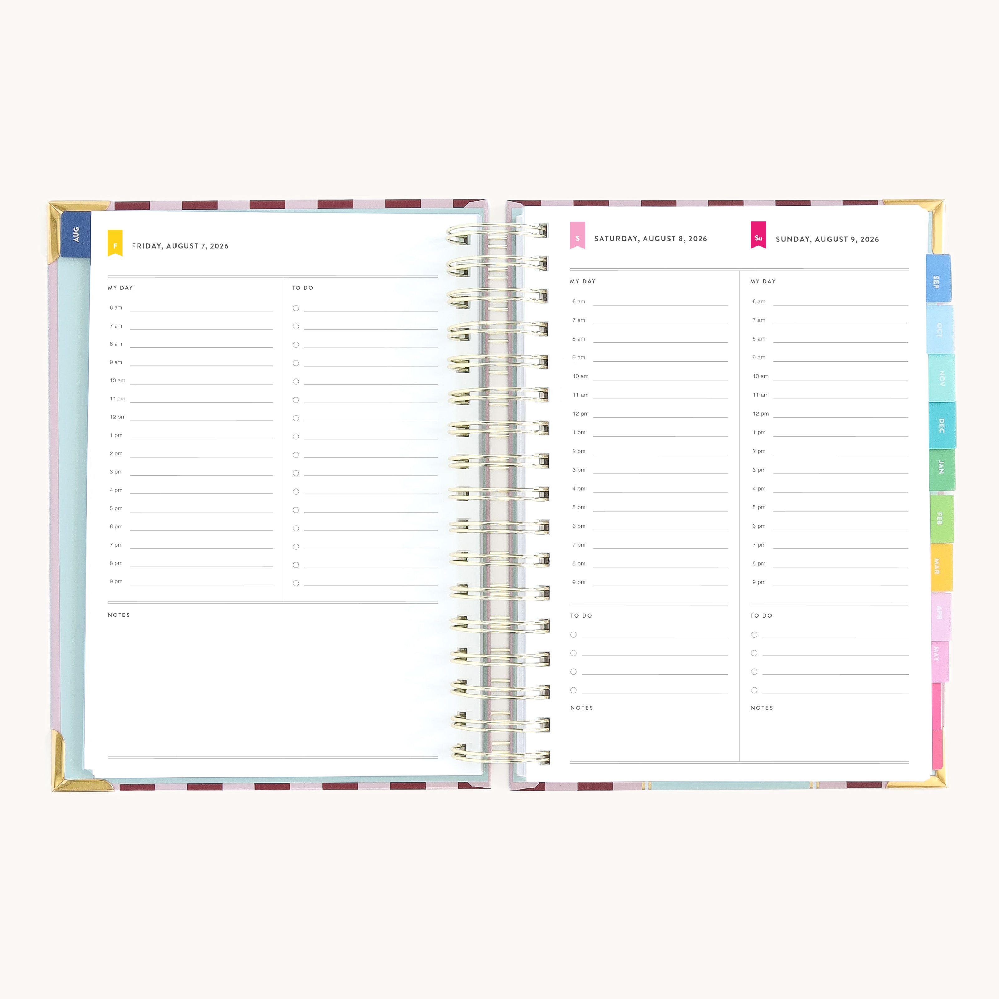 Spiral daily planner weekend pages with hourly planning space for appointments, tasks, and personal routines
