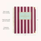 The 2026-2027 Spiral Weekly Simplified Planner - Berry Stripe by Simplified features a berry and pink stripe design, gold foil accents, sturdy gold wire-o binding, protective gold corners, and measures 10” x 8”.