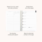 The 2026 Softcover Weekly Simplified Planner - Happy Stripe by Simplified features a spiral binding, weekly layout on the right, to-do list and notes on the left, daily schedules, black and white pages, no ghosting, and printed tabs.