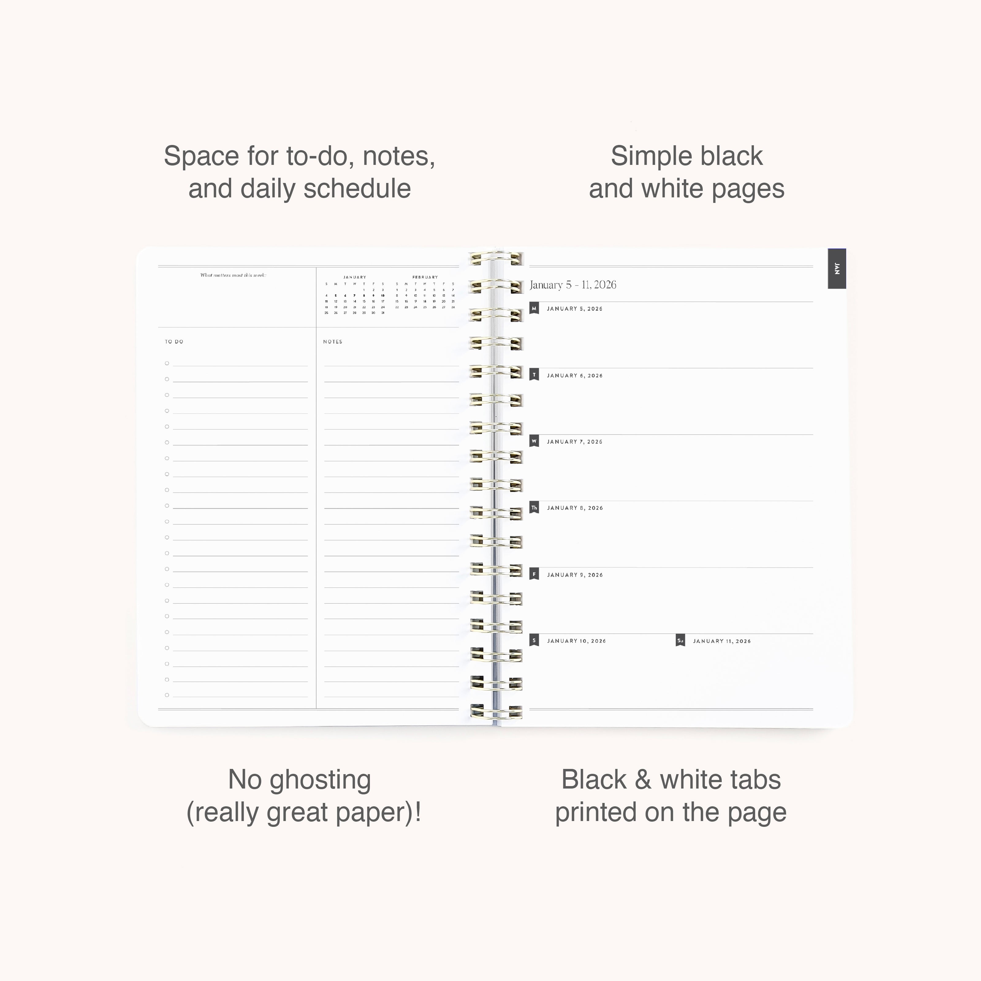The 2026 Softcover Weekly Simplified Planner - Happy Stripe by Simplified features a spiral binding, weekly layout on the right, to-do list and notes on the left, daily schedules, black and white pages, no ghosting, and printed tabs.