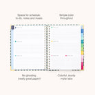 2026 Spiral Weekly Simplified Planner - Camp Gingham by Simplified features daily sections for schedule, to-dos, notes, and meals, colorful mylar tabs, a simple design, and thick paper to prevent ink ghosting. Text labels highlight each feature.
