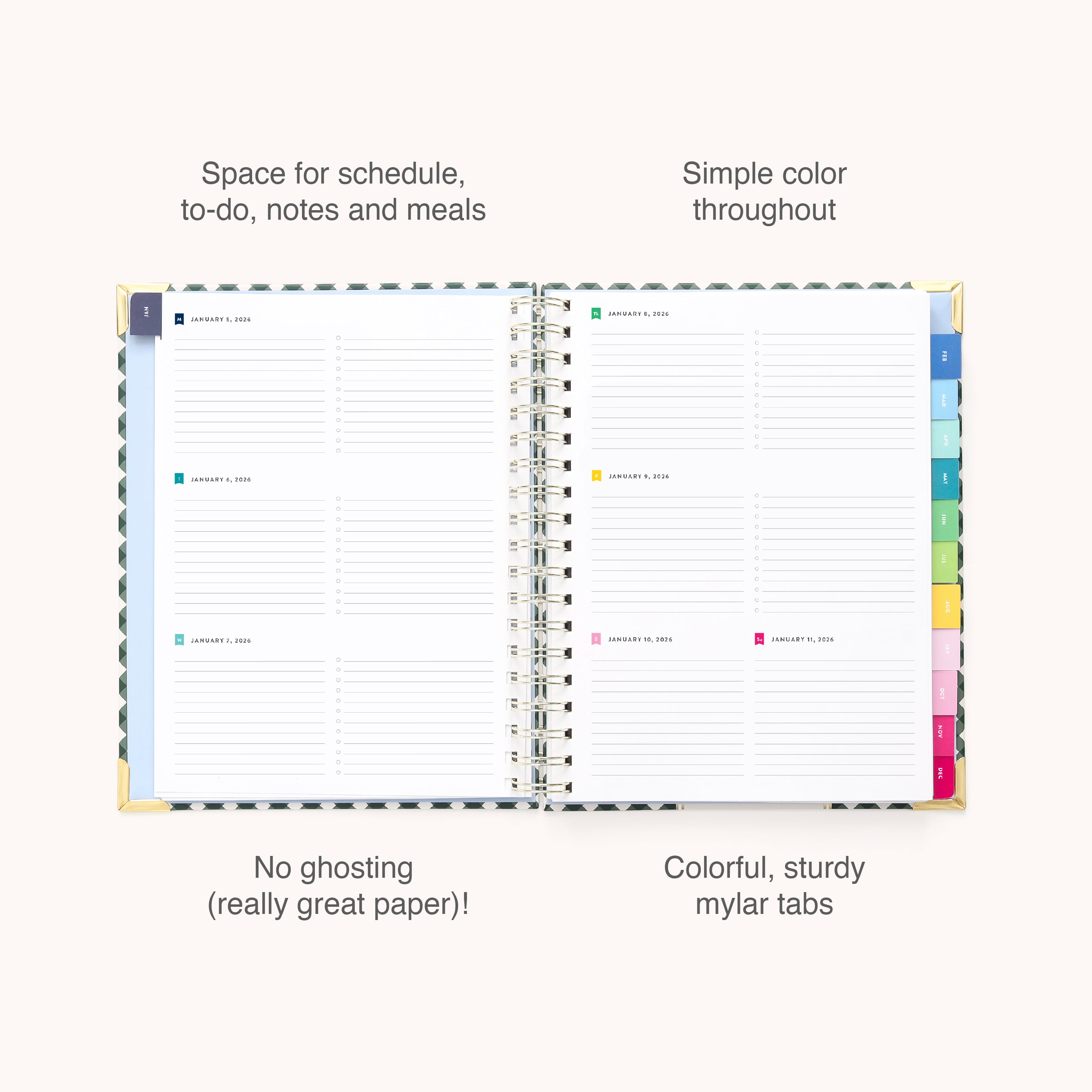 2026 Spiral Weekly Simplified Planner - Camp Gingham by Simplified features daily sections for schedule, to-dos, notes, and meals, colorful mylar tabs, a simple design, and thick paper to prevent ink ghosting. Text labels highlight each feature.