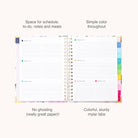 The 2026 Spiral Weekly Simplified Planner - Cottage Floral by Simplified features lined pages for notes, to-dos, and meals, sturdy colorful mylar tabs, simple colors, and high-quality paper that prevents ghosting. Annotations highlight each feature.
