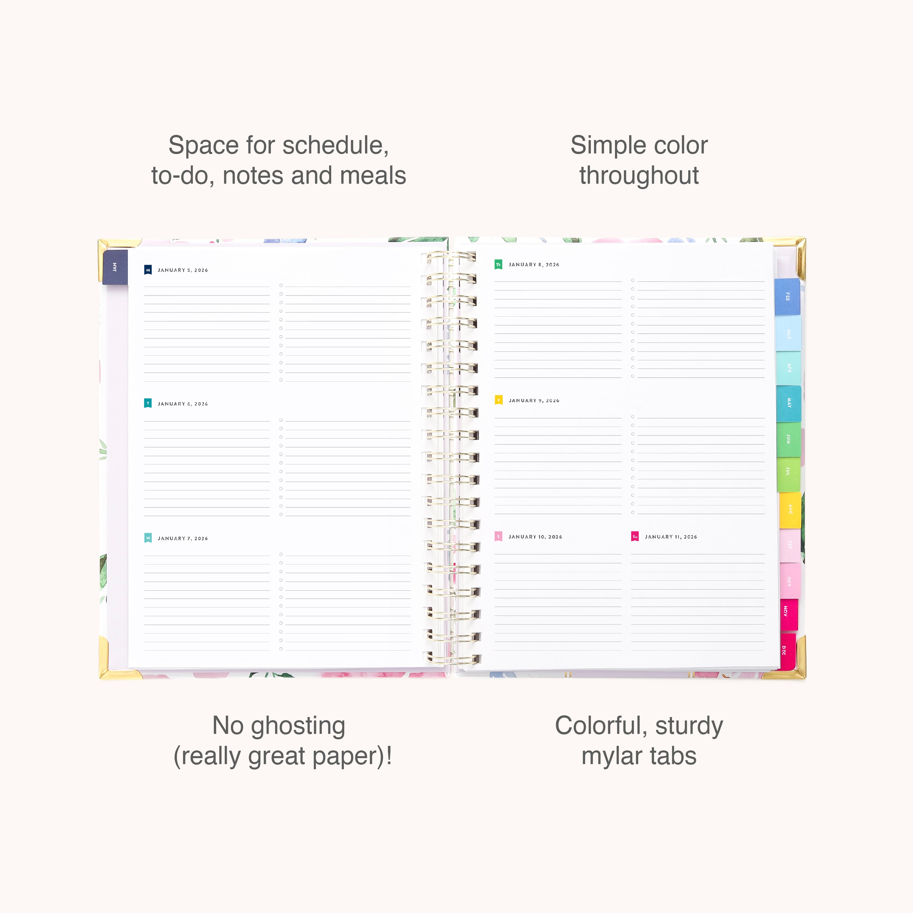 The 2026 Spiral Weekly Simplified Planner - Cottage Floral by Simplified features lined pages for notes, to-dos, and meals, sturdy colorful mylar tabs, simple colors, and high-quality paper that prevents ghosting. Annotations highlight each feature.