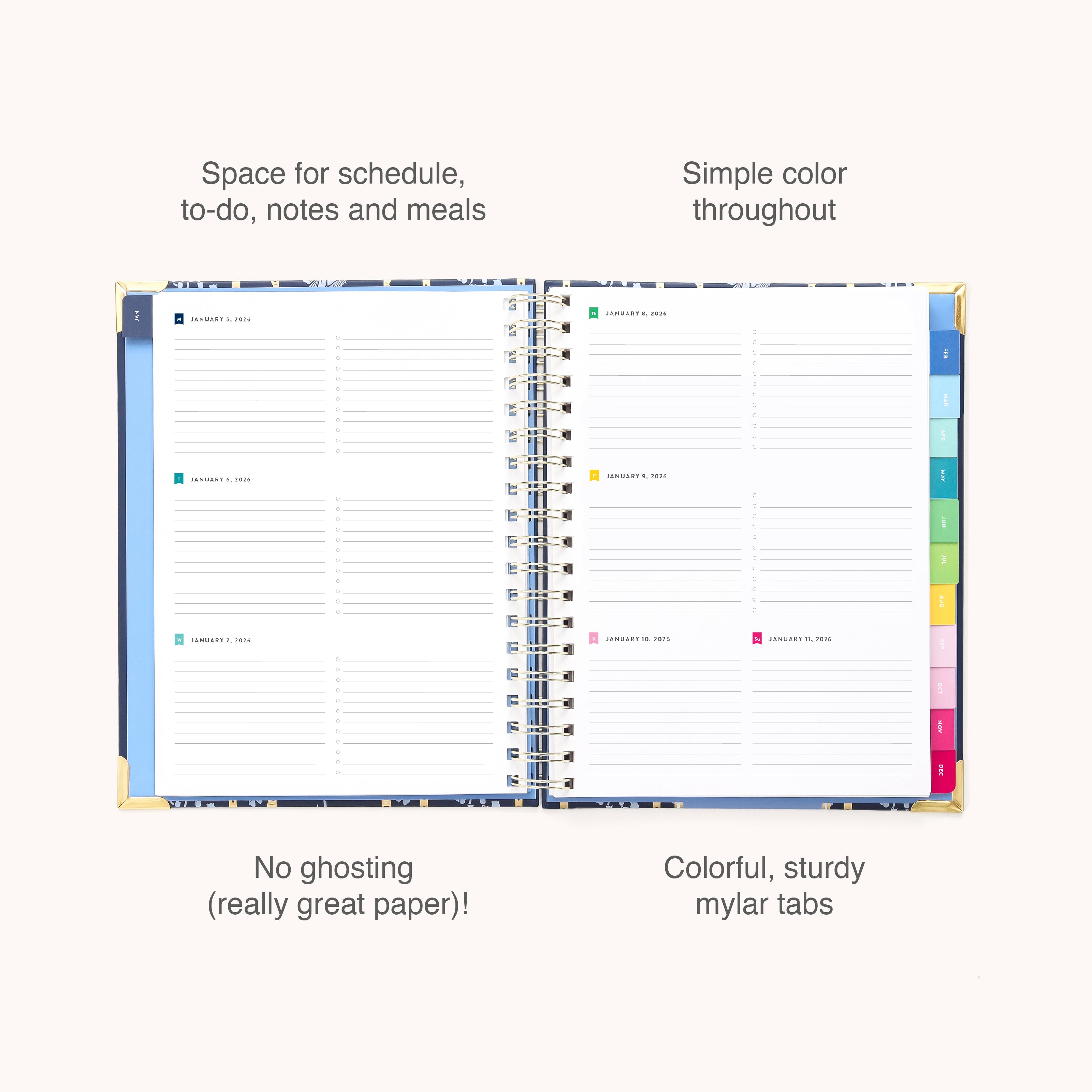 The 2026 Spiral Weekly Simplified Planner - Poppy Posies by Simplified features lined pages for scheduling, to-do lists, notes, and meals, plus colorful mylar tabs and gold corners—combining sturdy paper with a simple design.
