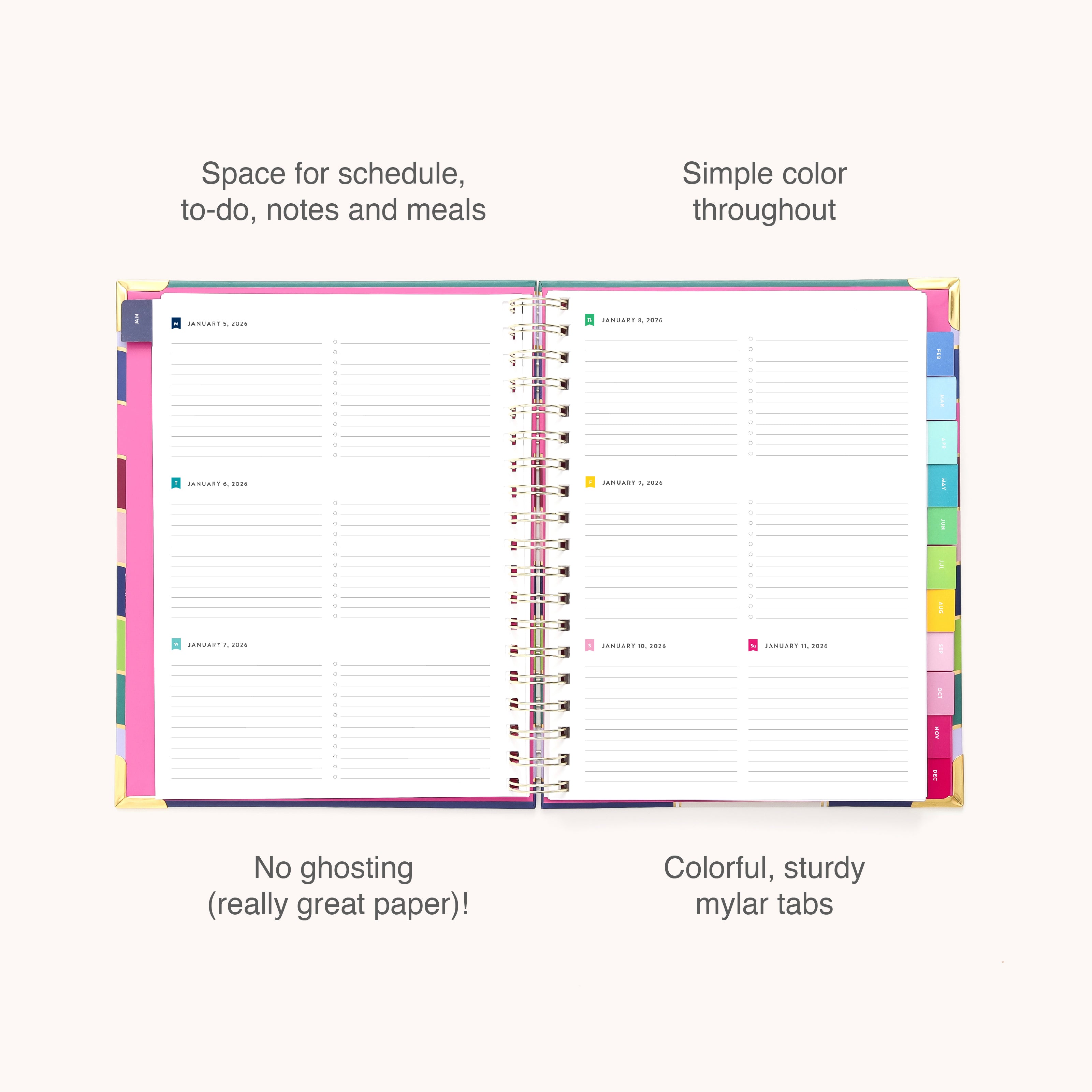 The 2026 Spiral Weekly Simplified Planner - Rainbow Row by Simplified features lined pages for schedules, to-dos, notes, and meals. Colorful mylar tabs, a simple color scheme, and sturdy paper prevent ghosting. Labels highlight key features.