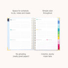 The 2026 Spiral Weekly Simplified Planner - Serene Stripe by Simplified features lined pages, daily labeled sections, colorful mylar tabs, easy-to-read colors, no-ghosting paper, and weekly schedule space in a 12-month design.