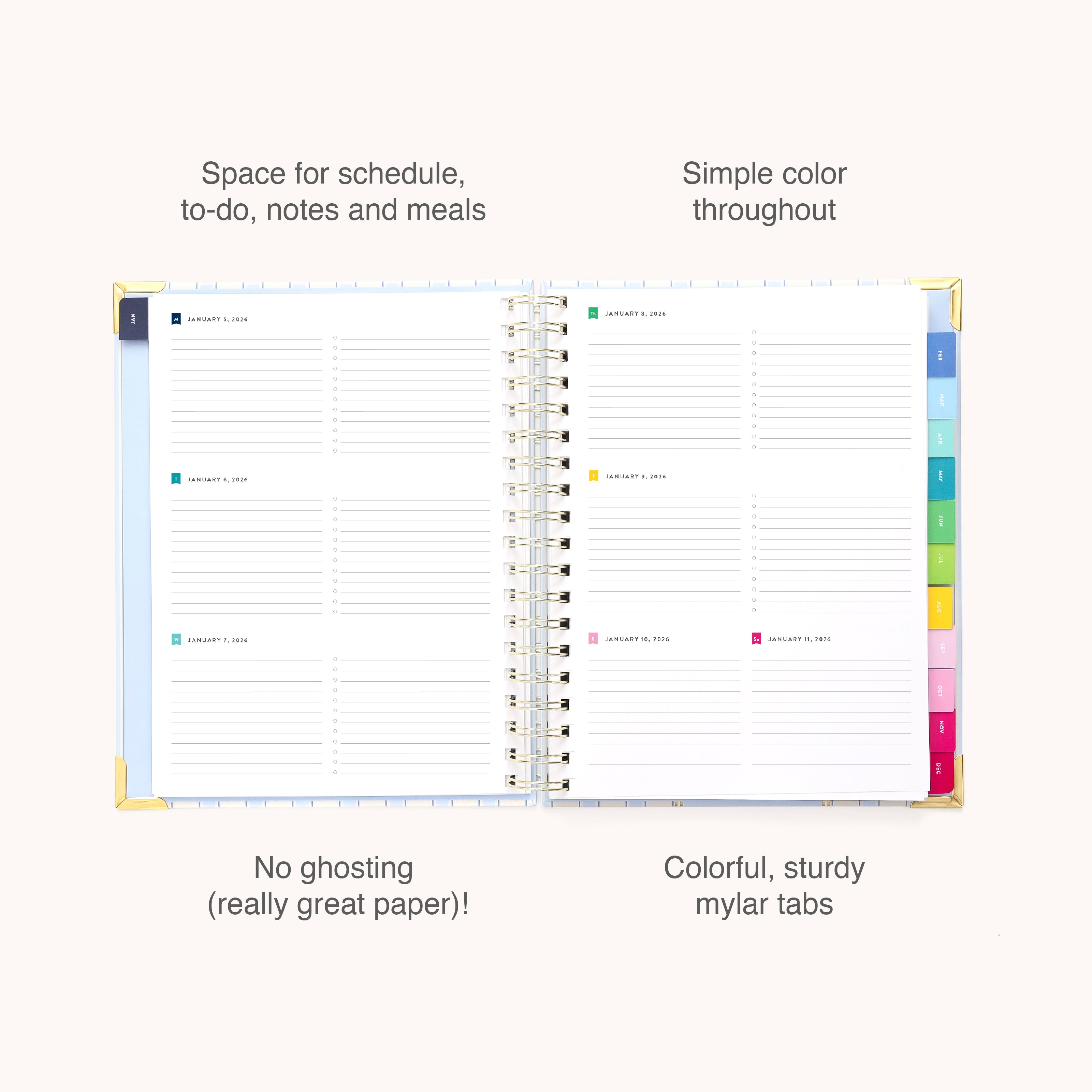The 2026 Spiral Weekly Simplified Planner - Serene Stripe by Simplified features lined pages, daily labeled sections, colorful mylar tabs, easy-to-read colors, no-ghosting paper, and weekly schedule space in a 12-month design.