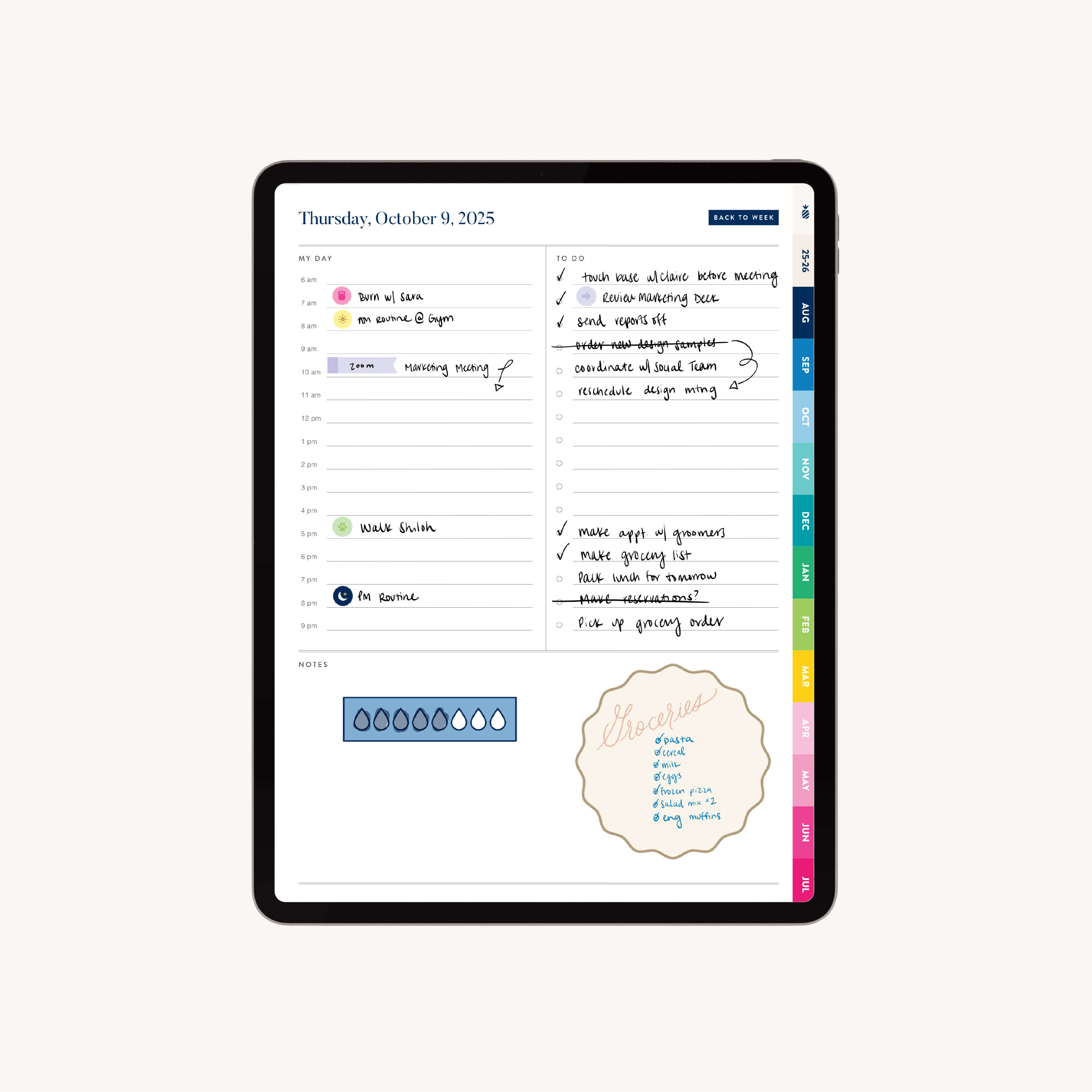 The 2025-2026 Digital Simplified Planner by Simplified, designed for iPads, features a daily schedule, handwritten notes, to-do lists with checkmarks, color-coded time blocks, and a decorative stress-relief bubble—ideal for PDF planner enthusiasts.