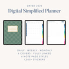 Three iPads display pages from the Simplified 2026 Digital Simplified Planner, with a green cover, monthly calendar, and daily planning views. Features include daily, weekly, monthly layouts and 1,200+ stickers for PDF planners in Goodnotes.