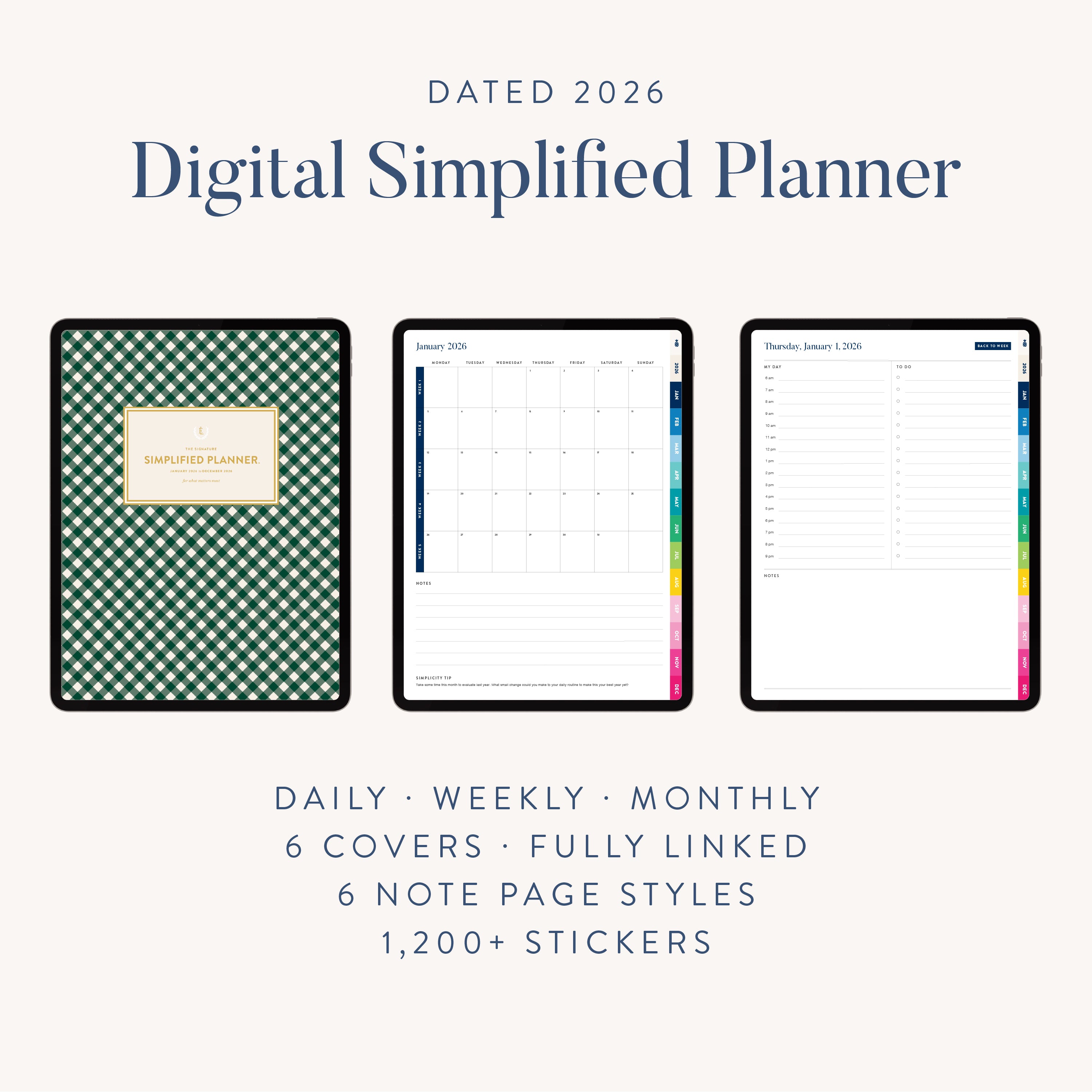 Three iPads display pages from the Simplified 2026 Digital Simplified Planner, with a green cover, monthly calendar, and daily planning views. Features include daily, weekly, monthly layouts and 1,200+ stickers for PDF planners in Goodnotes.