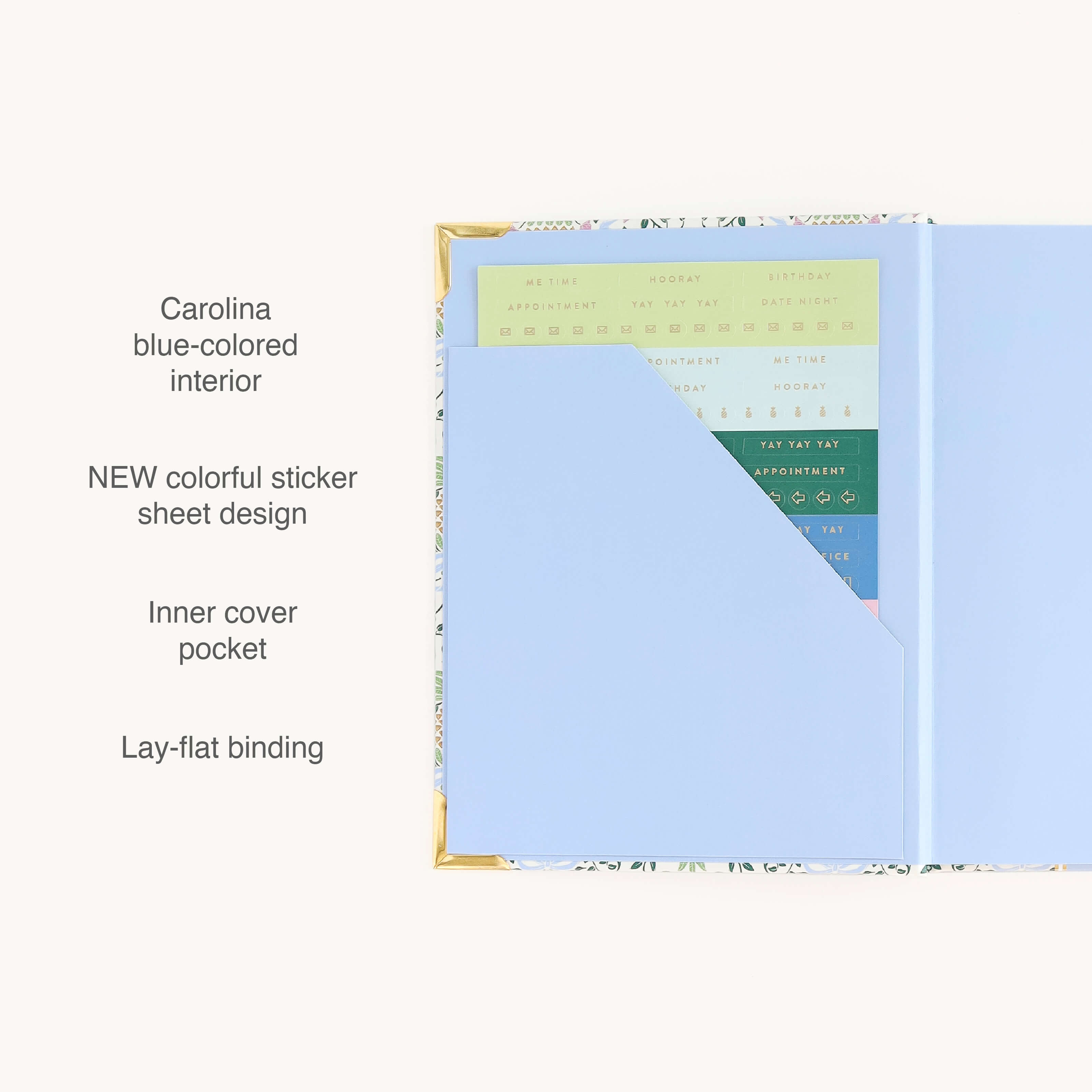 The Simplified 2026-2027 Bookbound Weekly Simplified Planner - Pineapple Charm features a blue interior, lay-flat binding, an inner pocket with new colorful stickers, and gold corners for an easy-open, cheerful planning experience.