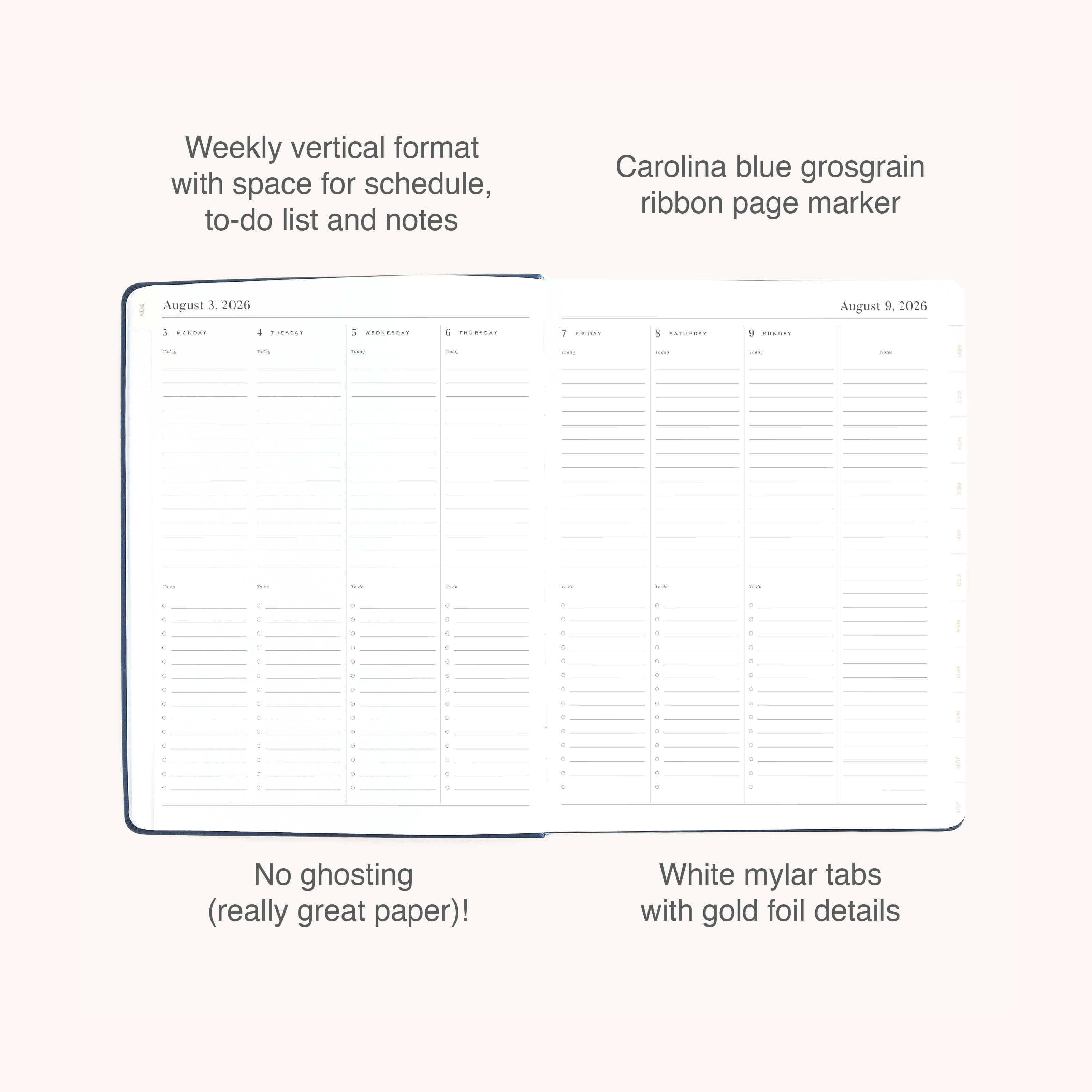 The Simplified 2026-2027 Bookbound Weekly Dapperdesk Planner in Navy features a leatherette cover, vertical layout, blue grosgrain ribbon, white mylar tabs with gold foil, and offers dedicated space for schedules, to-do lists, notes, and no paper ghosting.