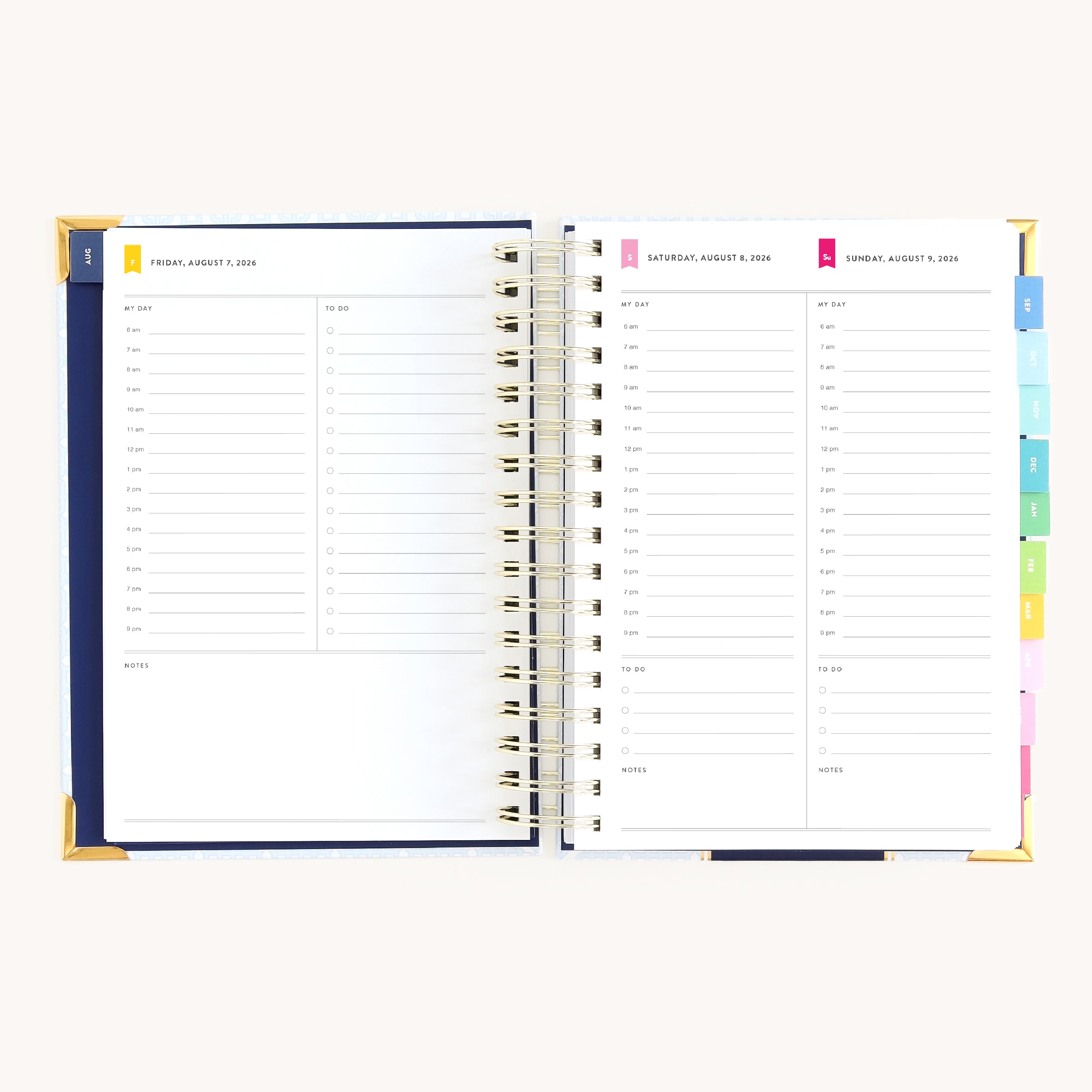 Spiral daily planner weekend pages with hourly planning space for appointments, tasks, and personal routines