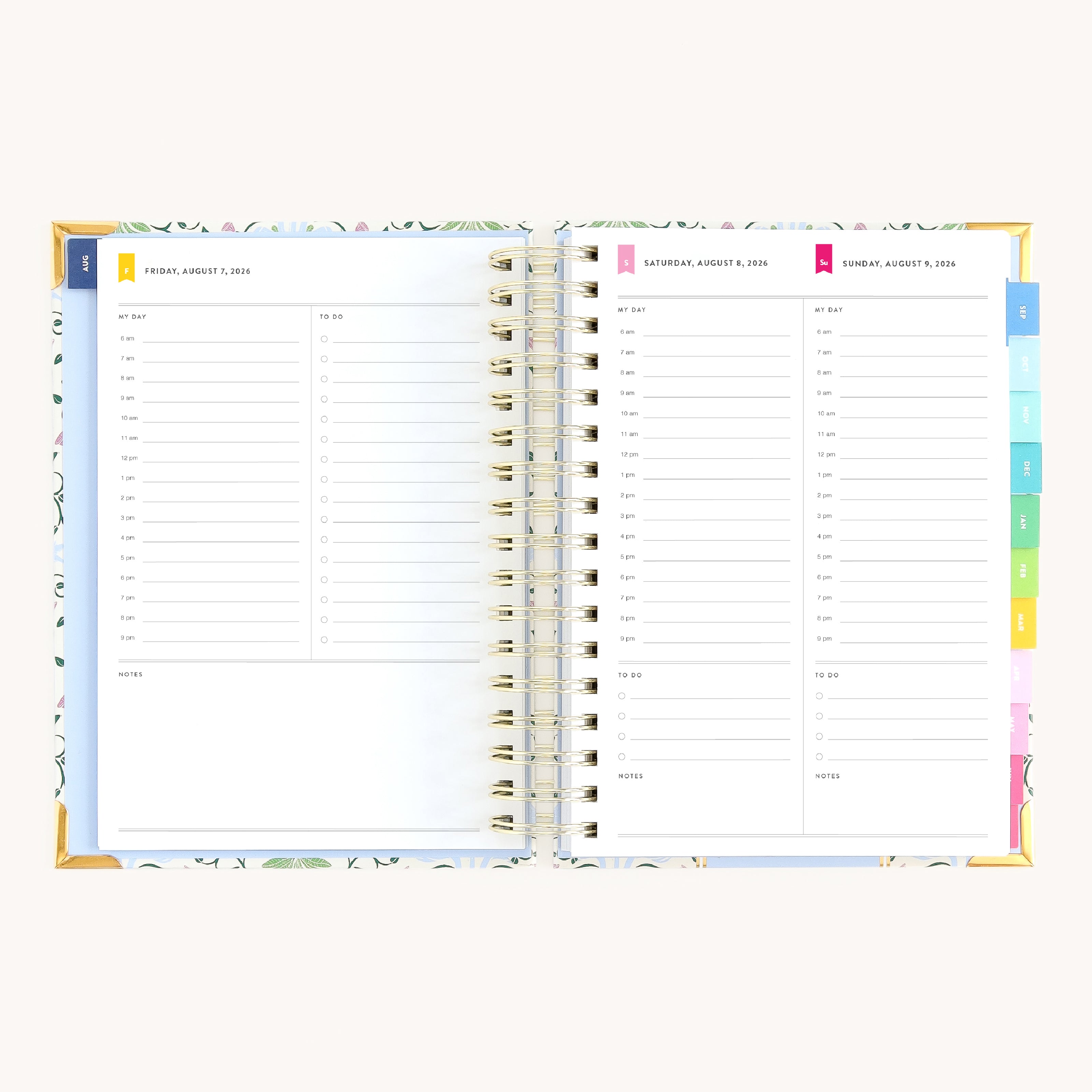 Spiral daily planner weekend pages with hourly planning space for appointments, tasks, and personal routines
