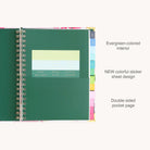 The 2026-2027 Spiral Weekly Simplified Planner - Blush Hydrangea by Simplified features a green interior, new colorful sticker sheets in the center pocket, rainbow tab dividers, and a double-sided pocket page.