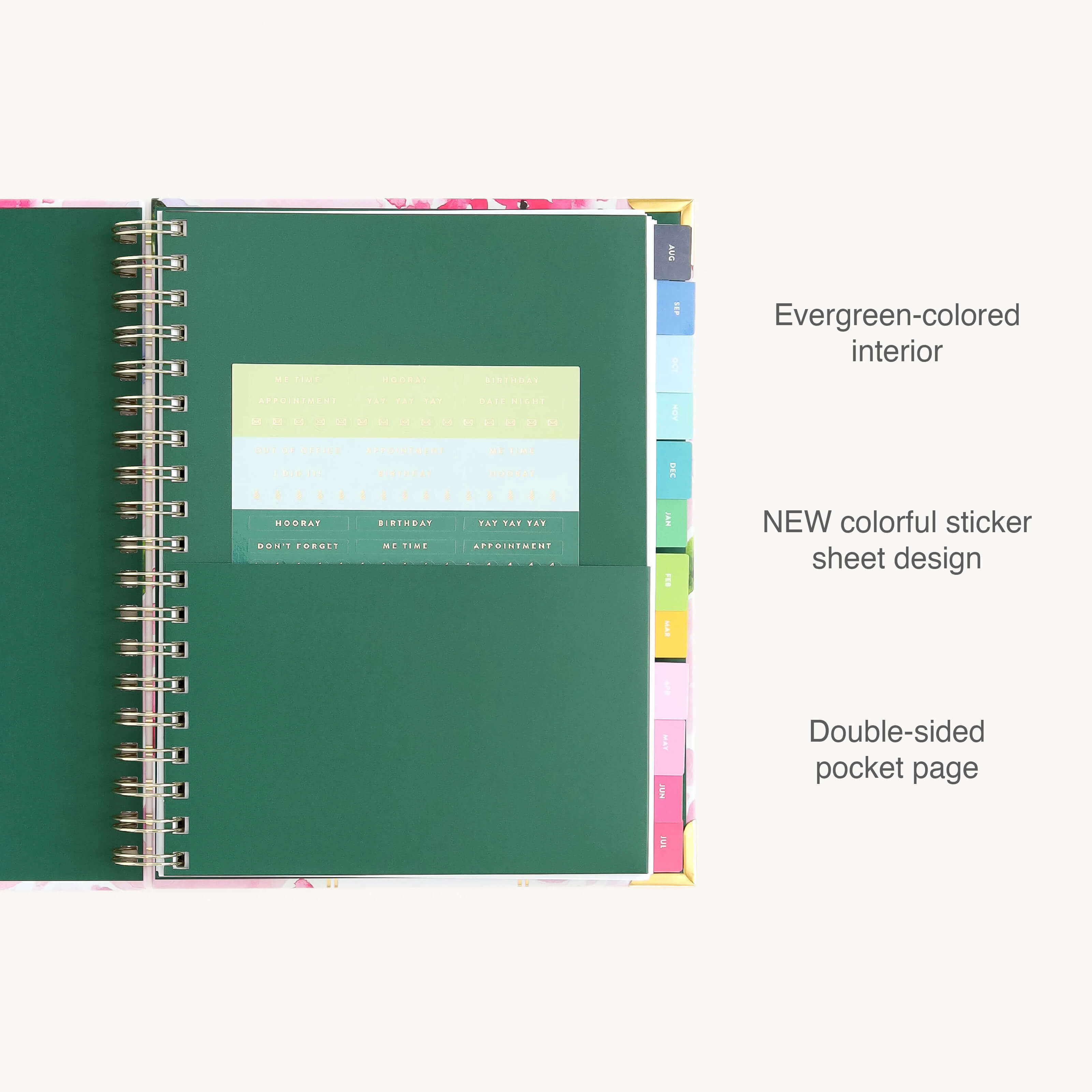 The 2026-2027 Spiral Weekly Simplified Planner - Blush Hydrangea by Simplified features a green interior, new colorful sticker sheets in the center pocket, rainbow tab dividers, and a double-sided pocket page.
