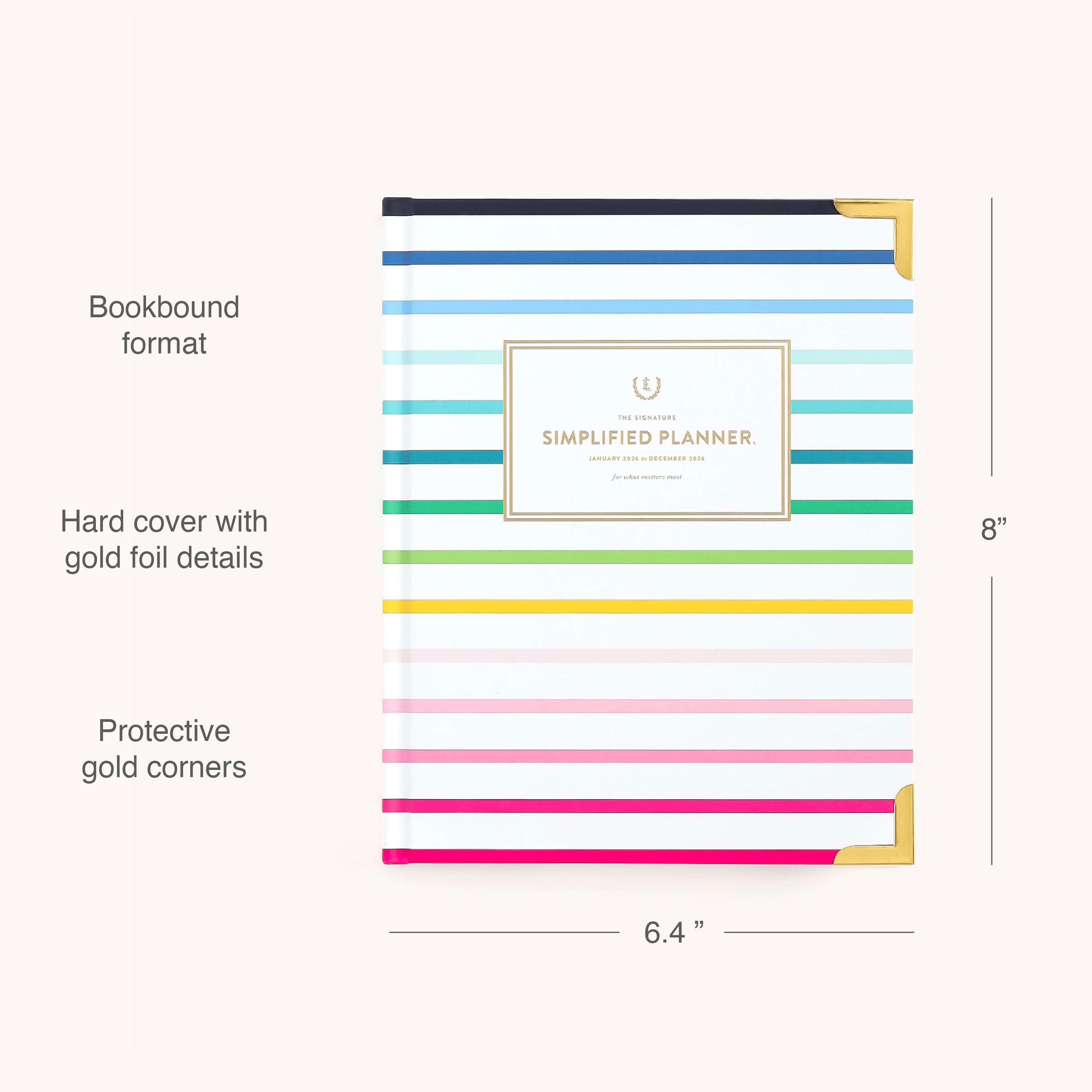 The Simplified 2026 Bookbound Weekly Planner in Happy Stripe features colorful horizontal stripes, gold foil accents, protective corners, lay-flat binding, and measures 8 x 6.4.