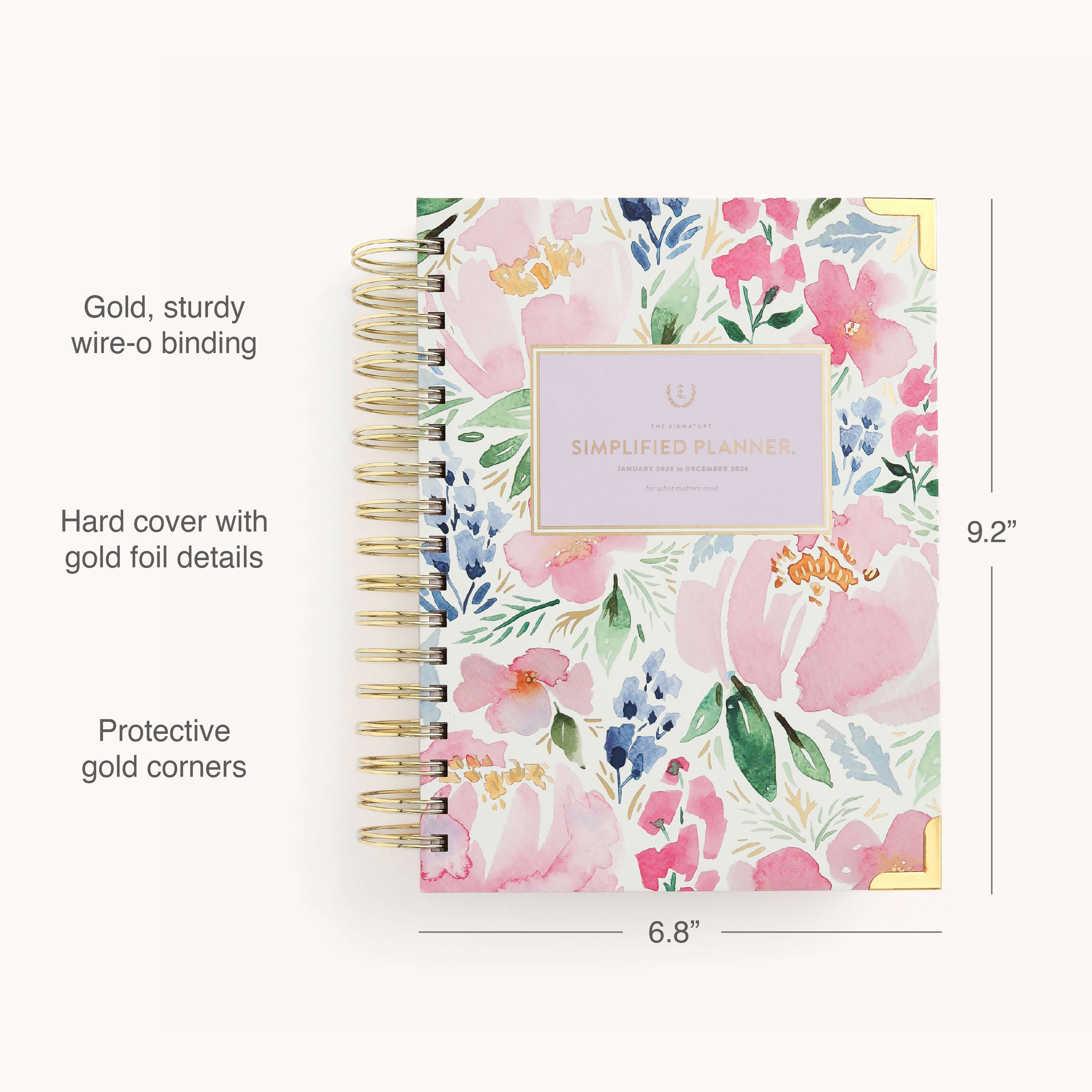 The Simplified 2026 Spiral Daily Simplified Planner - Cottage Floral features a floral hardcover, gold wire-o binding, gold foil accents, and protective corners. Sized 9.2 x 6.8, it’s perfect for daily planning in style.