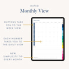 An iPad shows the Simplified 2026 Digital Simplified Planner. Arrows highlight week/day navigation and a new simplicity tip each month. Ideal PDF planner for Goodnotes, by Simplified.