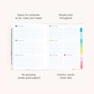 The 2026-2027 Bookbound Weekly Simplified Planner - Blush Hydrangea by Simplified features lined pages for schedules and notes, colorful mylar tabs, lay-flat binding, organized sections, and paper that prevents ghosting.