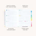 The 2026-2027 Bookbound Weekly Simplified Planner - Carolina Trellis by Simplified features lined pages for schedules and notes, colorful mylar tabs, lay-flat binding, organized sections, and paper that prevents ghosting.