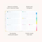 The 2026-2027 Bookbound Weekly Simplified Planner - Pineapple Charm by Simplified features lined pages for schedules and notes, colorful mylar tabs, lay-flat binding, organized sections, and paper that prevents ghosting.