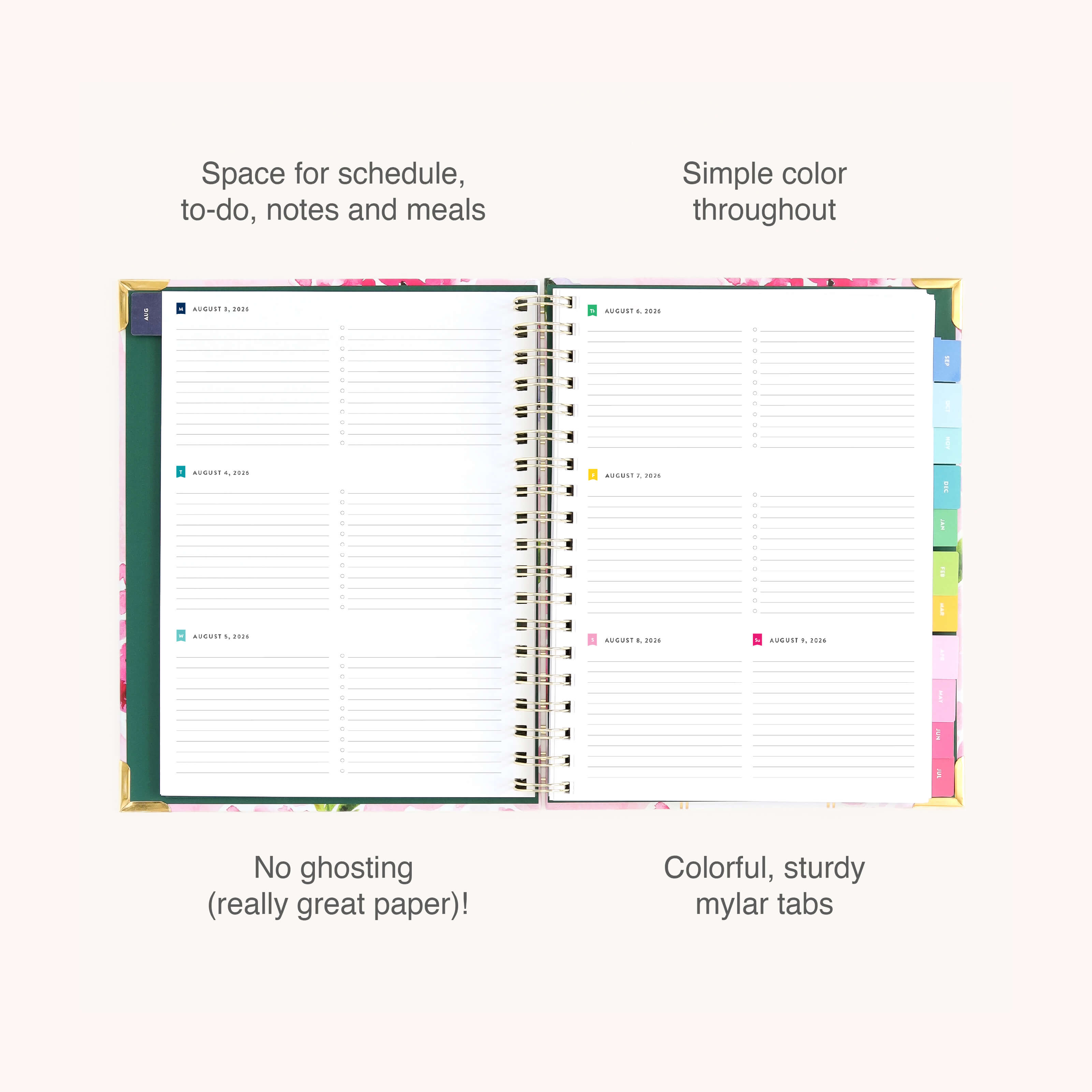 The 2026-2027 Spiral Weekly Simplified Planner - Blush Hydrangea by Simplified features lined pages for scheduling, to-do lists, notes, and meals, plus colorful mylar tabs and gold corners—combining sturdy paper with a simple design.