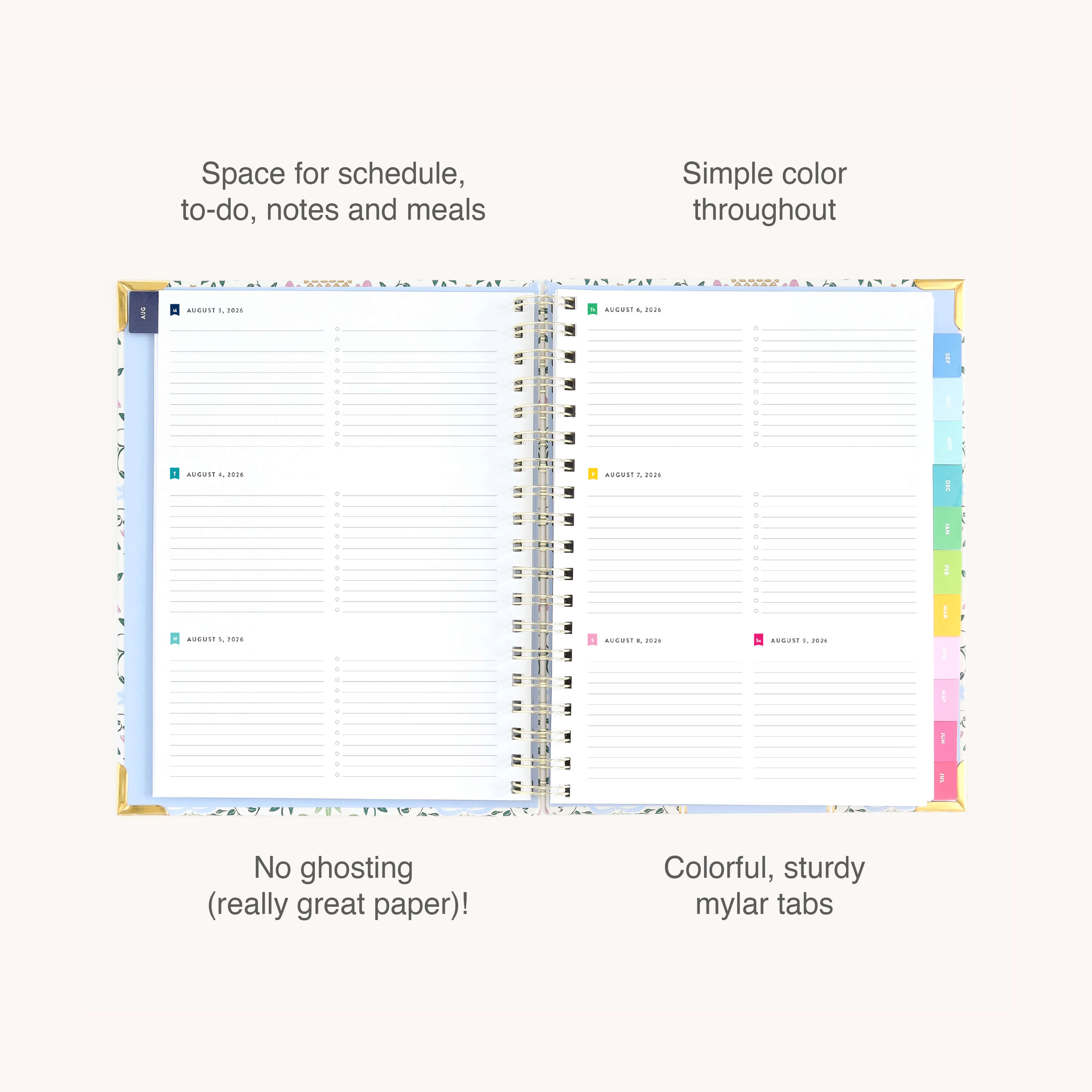 The 2026-2027 Spiral Weekly Simplified Planner - Pineapple Charm by Simplified features lined pages for scheduling, to-do lists, notes, and meals, plus colorful mylar tabs and gold corners—combining sturdy paper with a simple design.