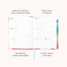 The 2026 Bookbound Weekly Simplified Planner - Happy Stripe by Simplified features lined pages for schedules and notes, colorful mylar tabs, lay-flat binding, organized sections, and paper that prevents ghosting.