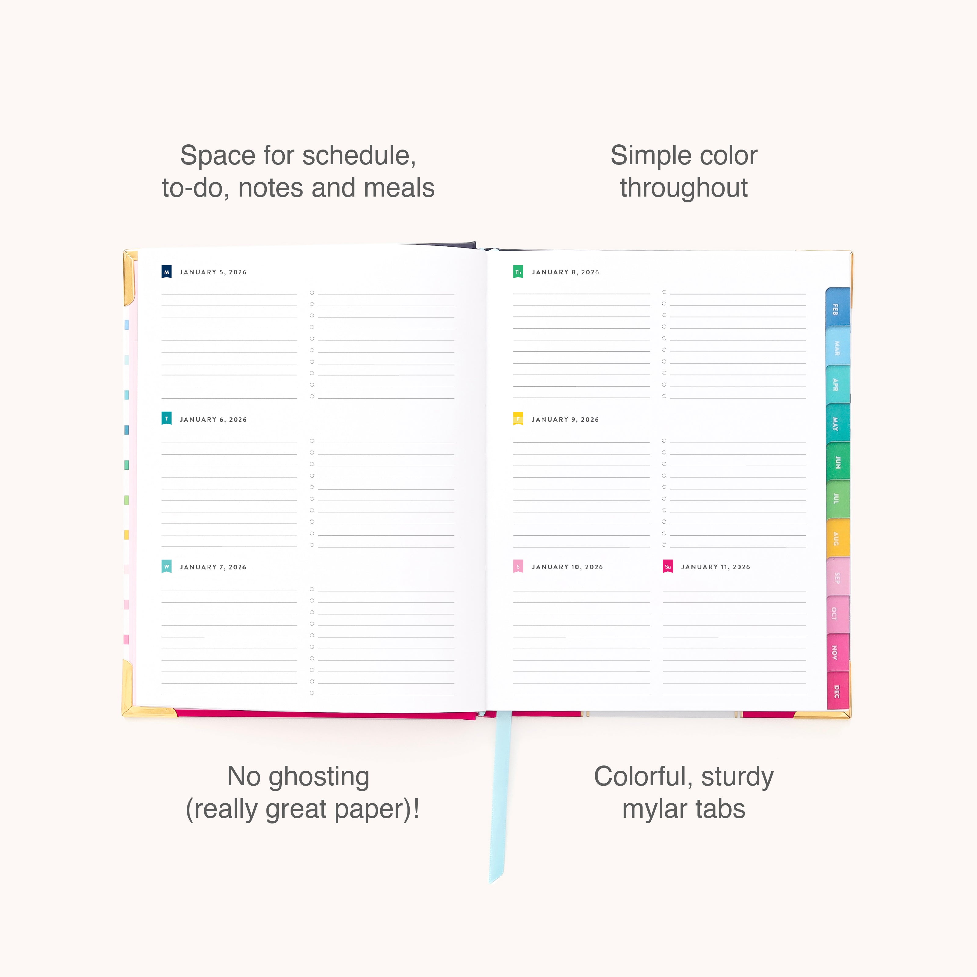 The 2026 Bookbound Weekly Simplified Planner - Happy Stripe by Simplified features lined pages for schedules and notes, colorful mylar tabs, lay-flat binding, organized sections, and paper that prevents ghosting.
