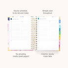 The 2026 Spiral Daily Simplified Planner - Cottage Floral by Simplified features dated pages with hourly schedules, to-do lists, notes, colorful mylar tabs, simple color accents, and high-quality paper that prevents ink ghosting.