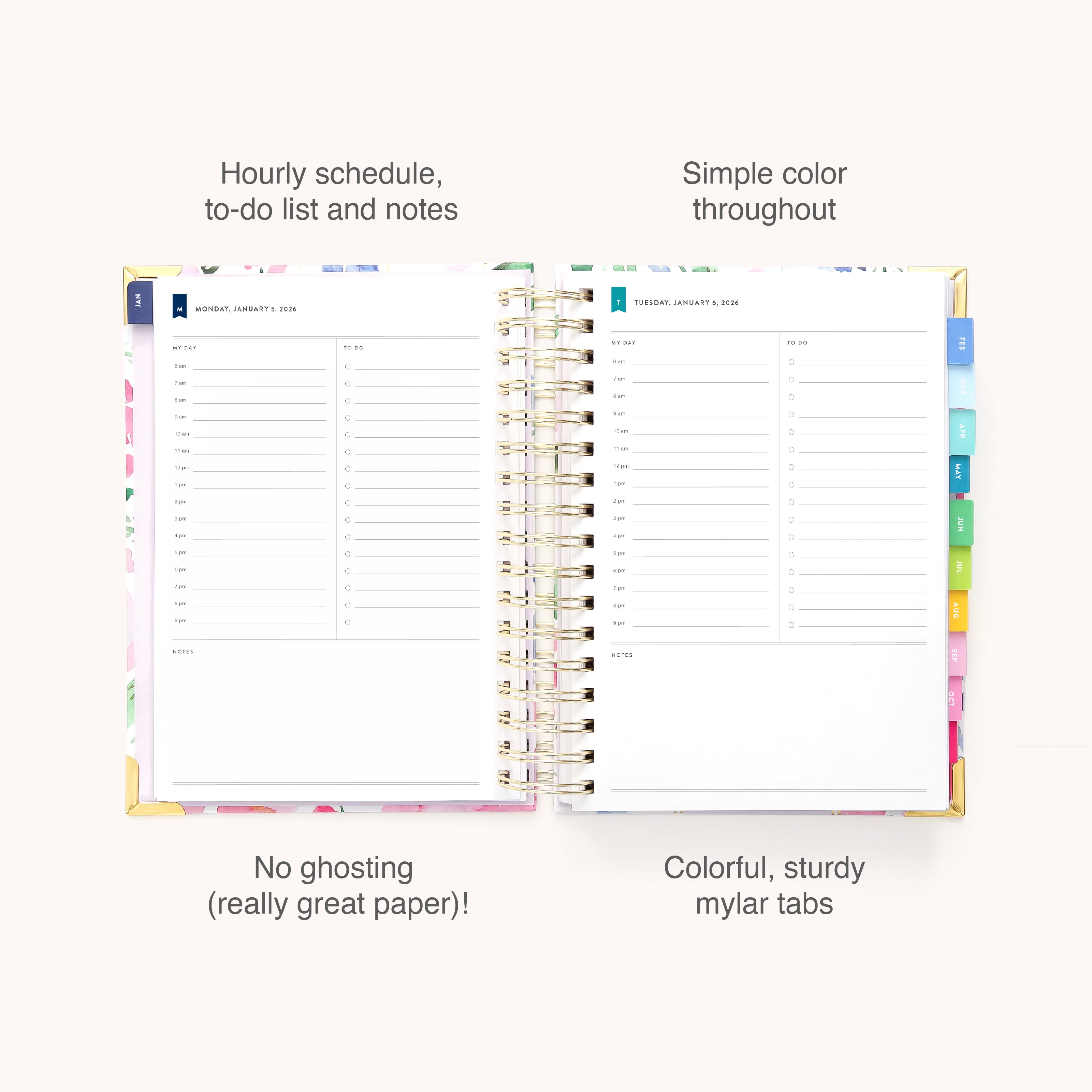 The 2026 Spiral Daily Simplified Planner - Cottage Floral by Simplified features dated pages with hourly schedules, to-do lists, notes, colorful mylar tabs, simple color accents, and high-quality paper that prevents ink ghosting.