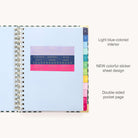 The 2026 Spiral Weekly Simplified Planner - Camp Gingham by Simplified features a light blue interior, NEW colorful sticker sheet design, tabbed dividers, and a double-sided pocket page.