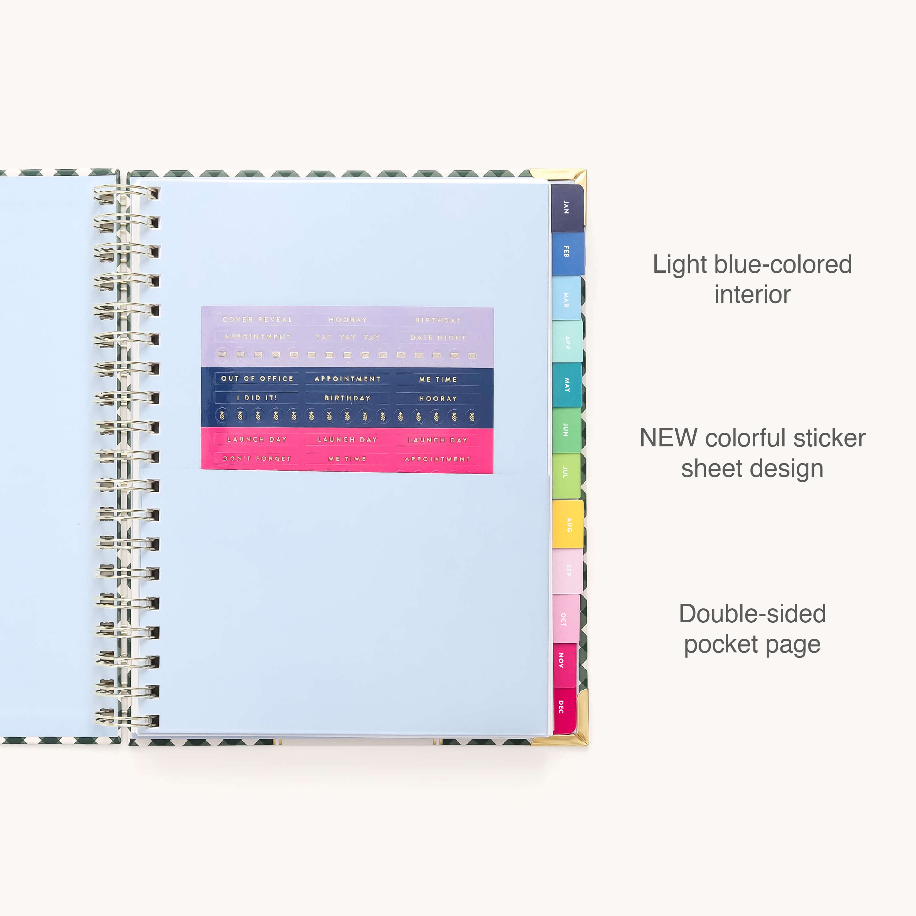 The 2026 Spiral Weekly Simplified Planner - Camp Gingham by Simplified features a light blue interior, NEW colorful sticker sheet design, tabbed dividers, and a double-sided pocket page.