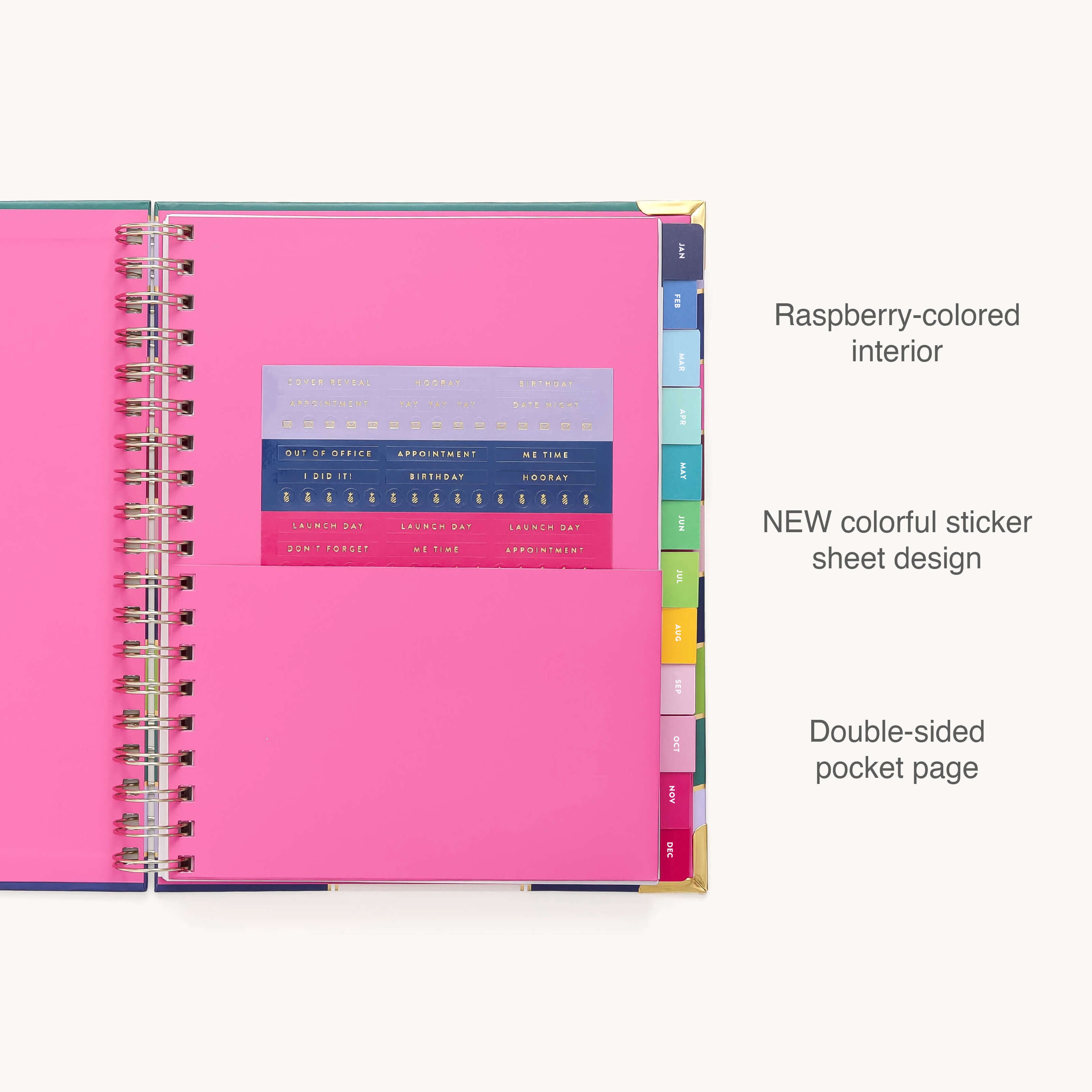 An open Simplified 2026 Spiral Weekly Simplified Planner - Rainbow Row shows a bright raspberry interior, colorful tab dividers, double-sided pink pocket with a transparent sticker sheet, and its weekly features highlighted on the right.