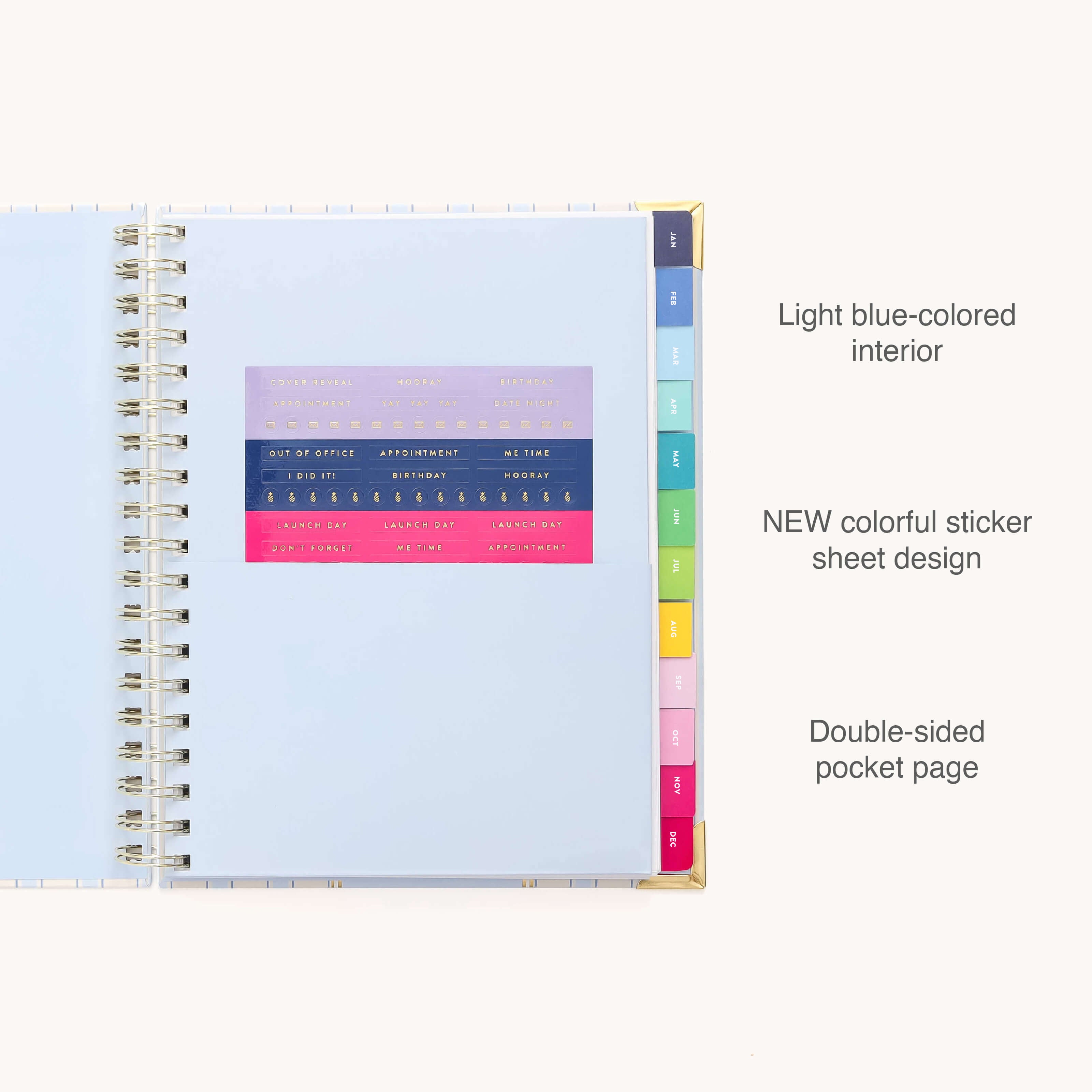 The 2026 Spiral Weekly Simplified Planner - Serene Stripe by Simplified features a light blue interior, colorful tab dividers, a new decorative sticker sheet, and a double-sided pocket for easy organization.