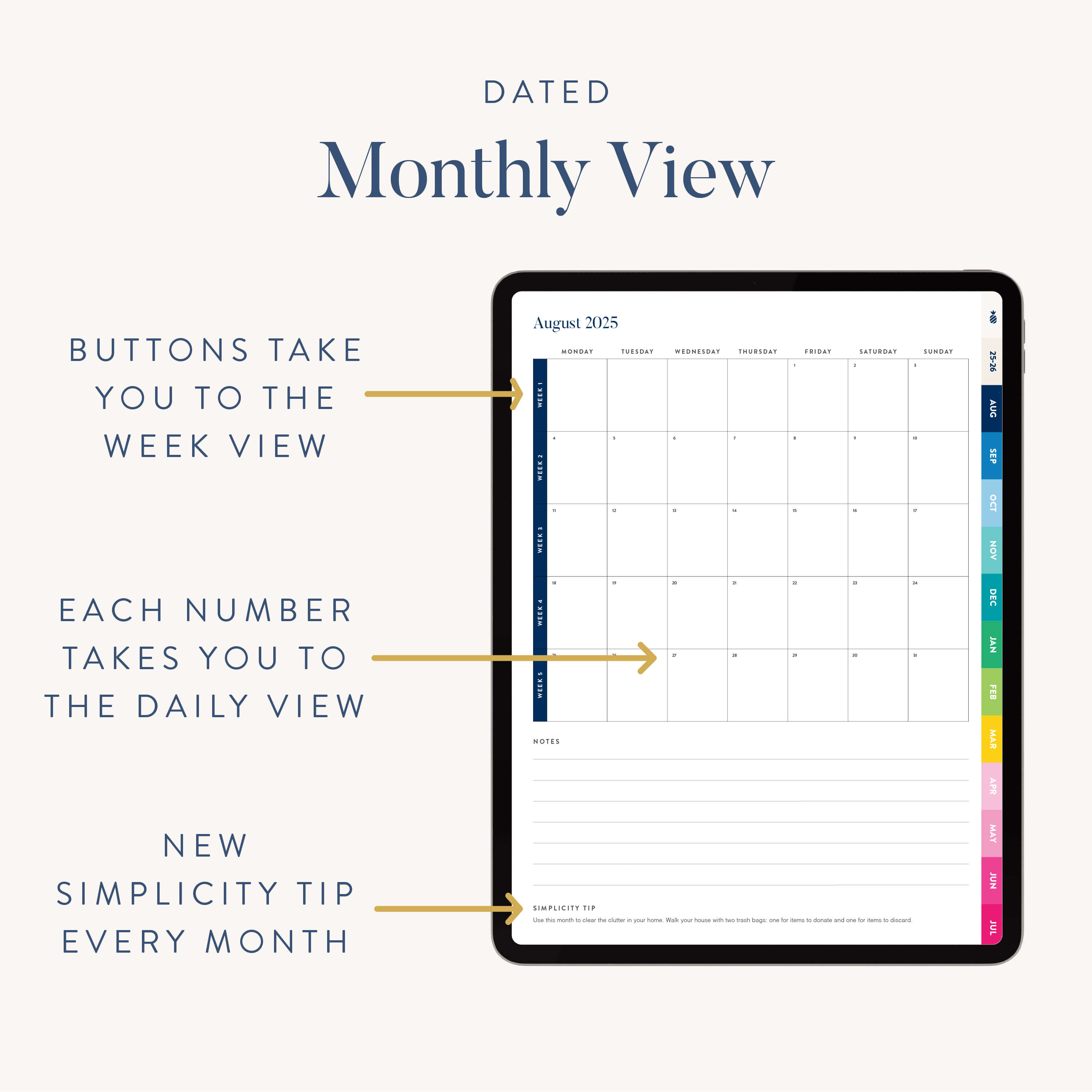 The Simplified 2025-2026 Digital Simplified Planner for iPads shows an annotated August 2025 calendar with links to daily and weekly views, plus a new simplicity tip each month—all in a sleek digital design.