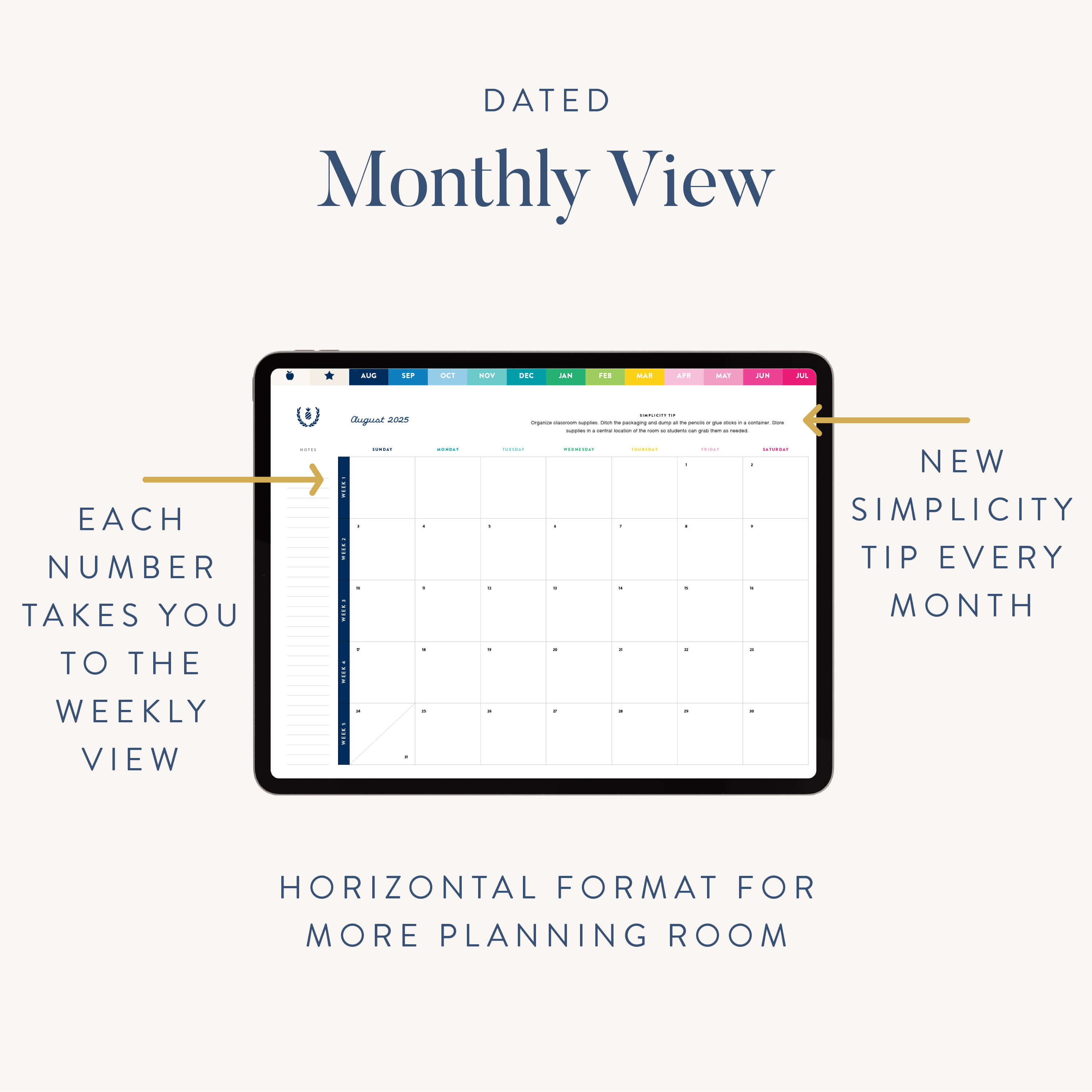 The Simplified 2025-2026 Digital Teacher Planner for iPads features a horizontal layout, easy links from daily to weekly views, monthly simplicity tips, and is perfect as a PDF planner or teacher planner.