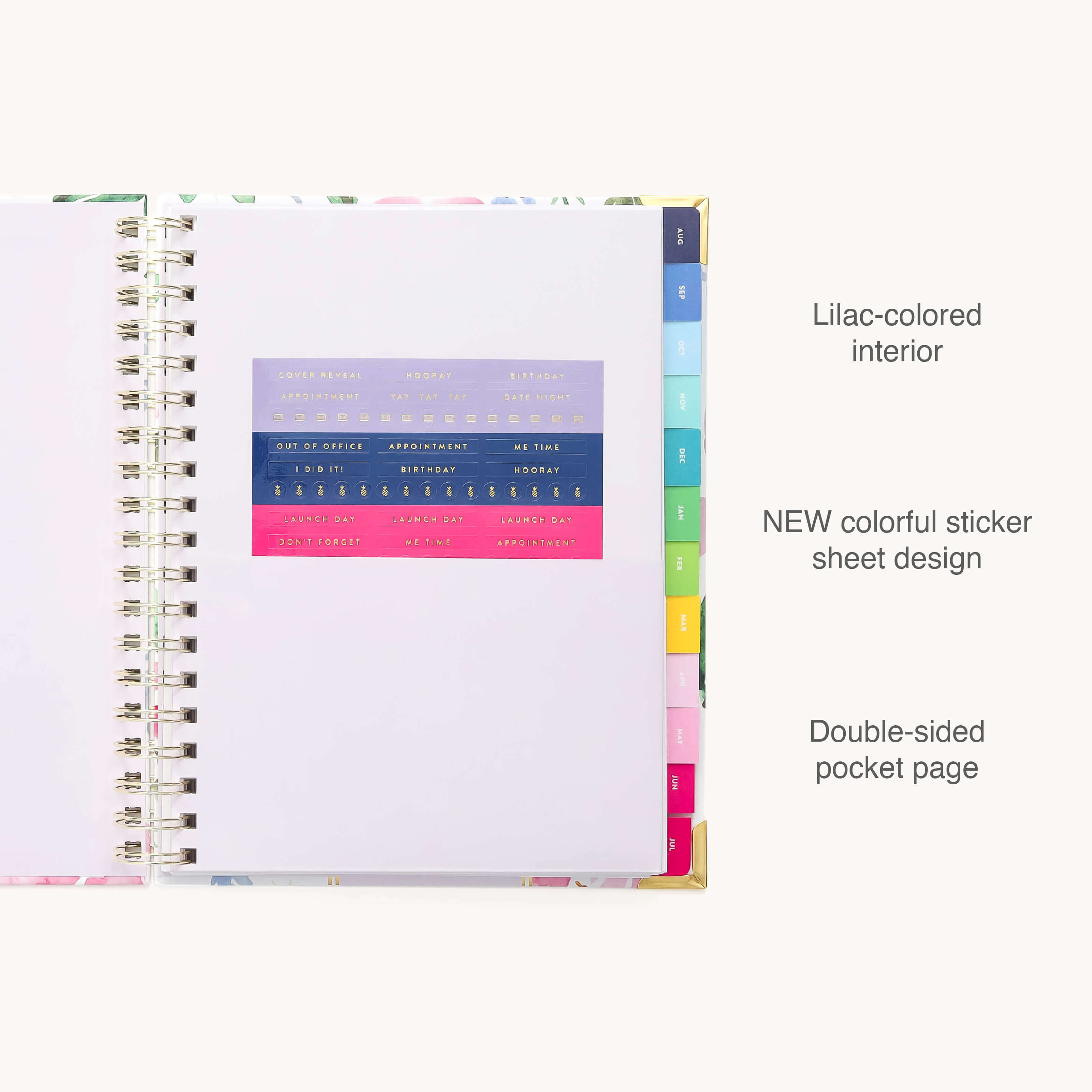 The 2025-2026 Spiral Weekly Simplified Planner - Cottage Floral by Simplified features a minimalist design with white pages and gold foil details. It includes colorful, labeled section tabs and a clear pocket holding a ruler and sticky tabs in various colors for easy prep work.