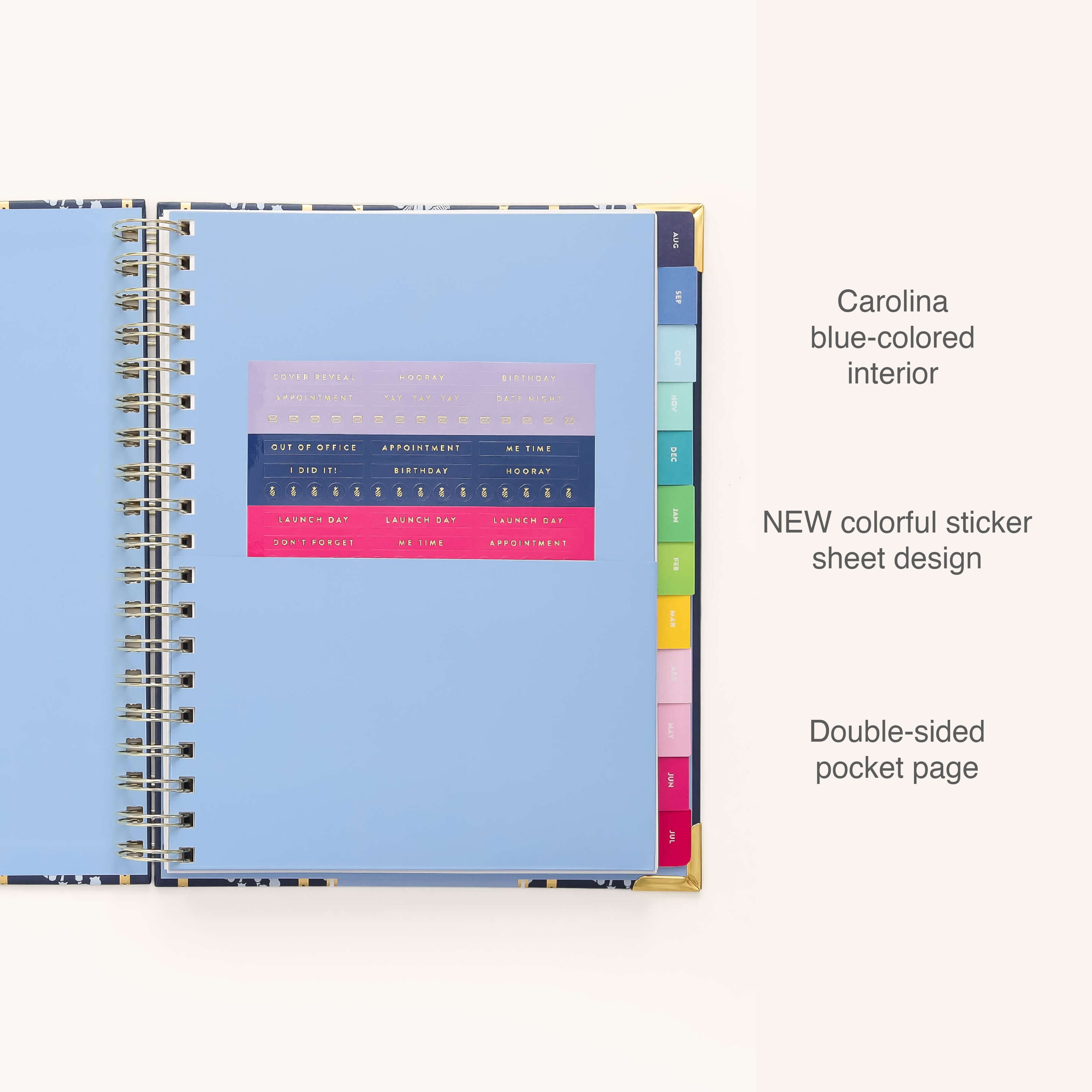 The 2025-2026 Spiral Weekly Simplified Planner - Poppy Posies from Simplified features a spiral binding, colorful stickers labeled Appointment and Party, organized pages, and color-coded side tabs for easy organization.