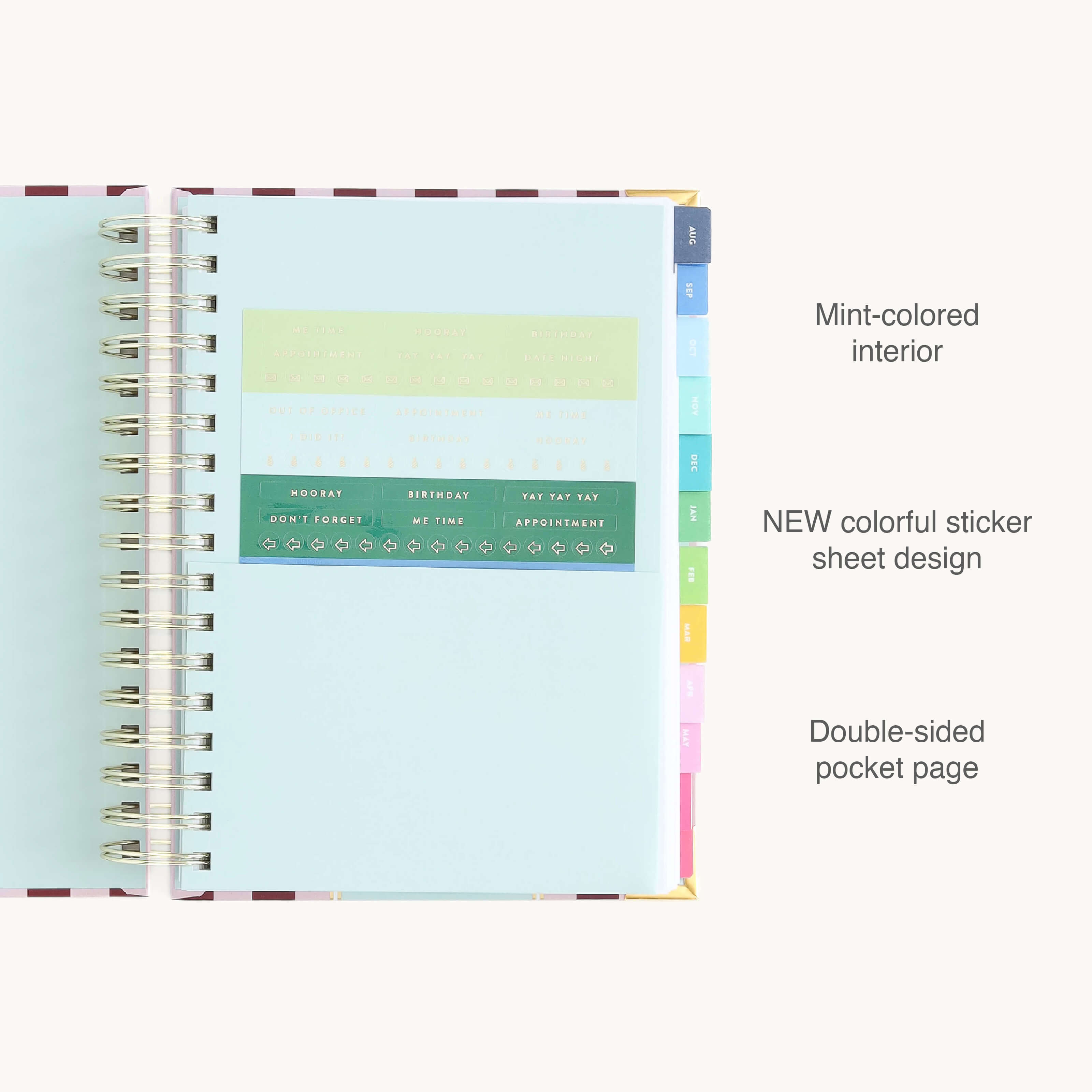 Spiral daily planner interior with storage pocket and sticker page for organizing reminders, notes, and planning essentials