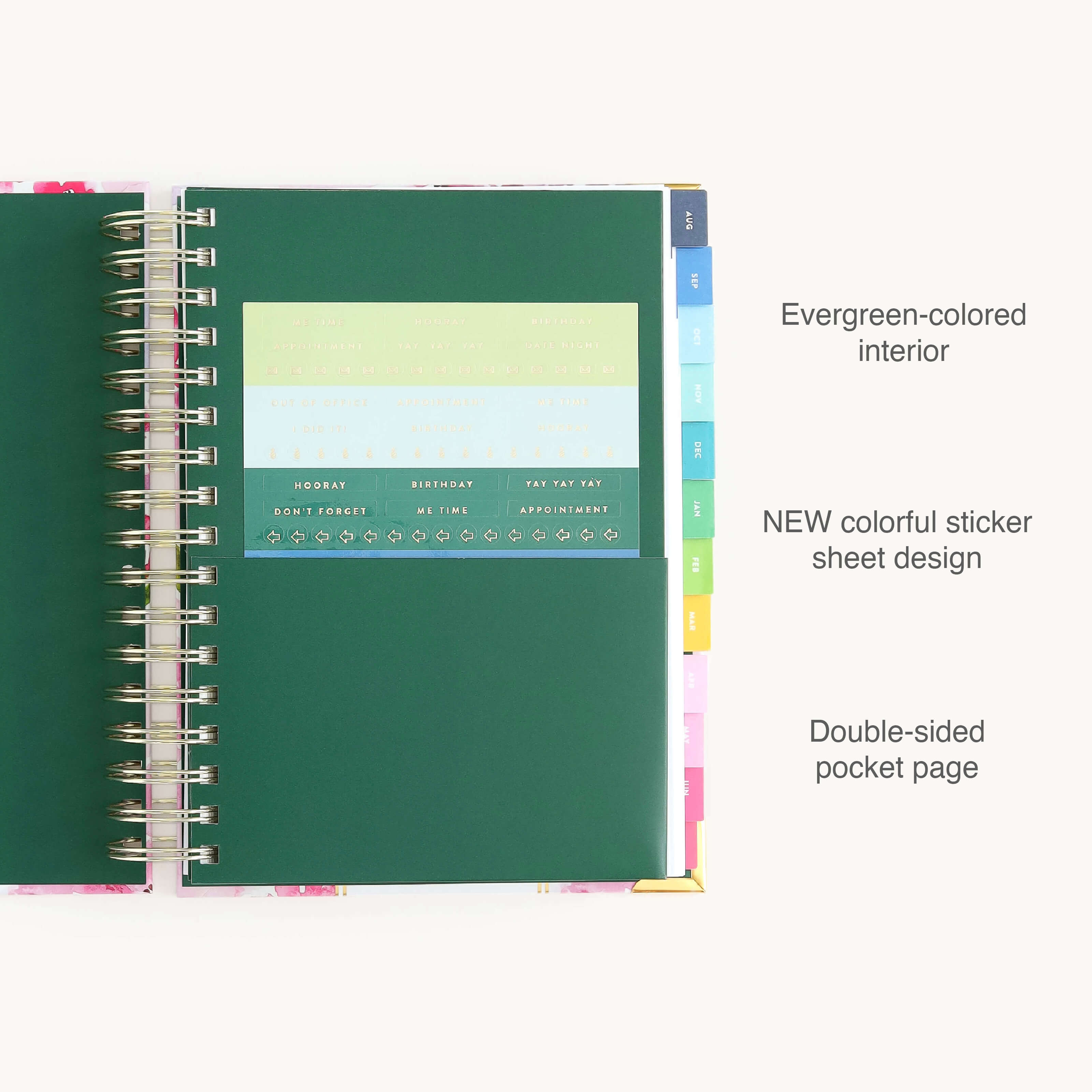 Spiral daily planner interior with storage pocket and sticker page for organizing reminders, notes, and planning essentials