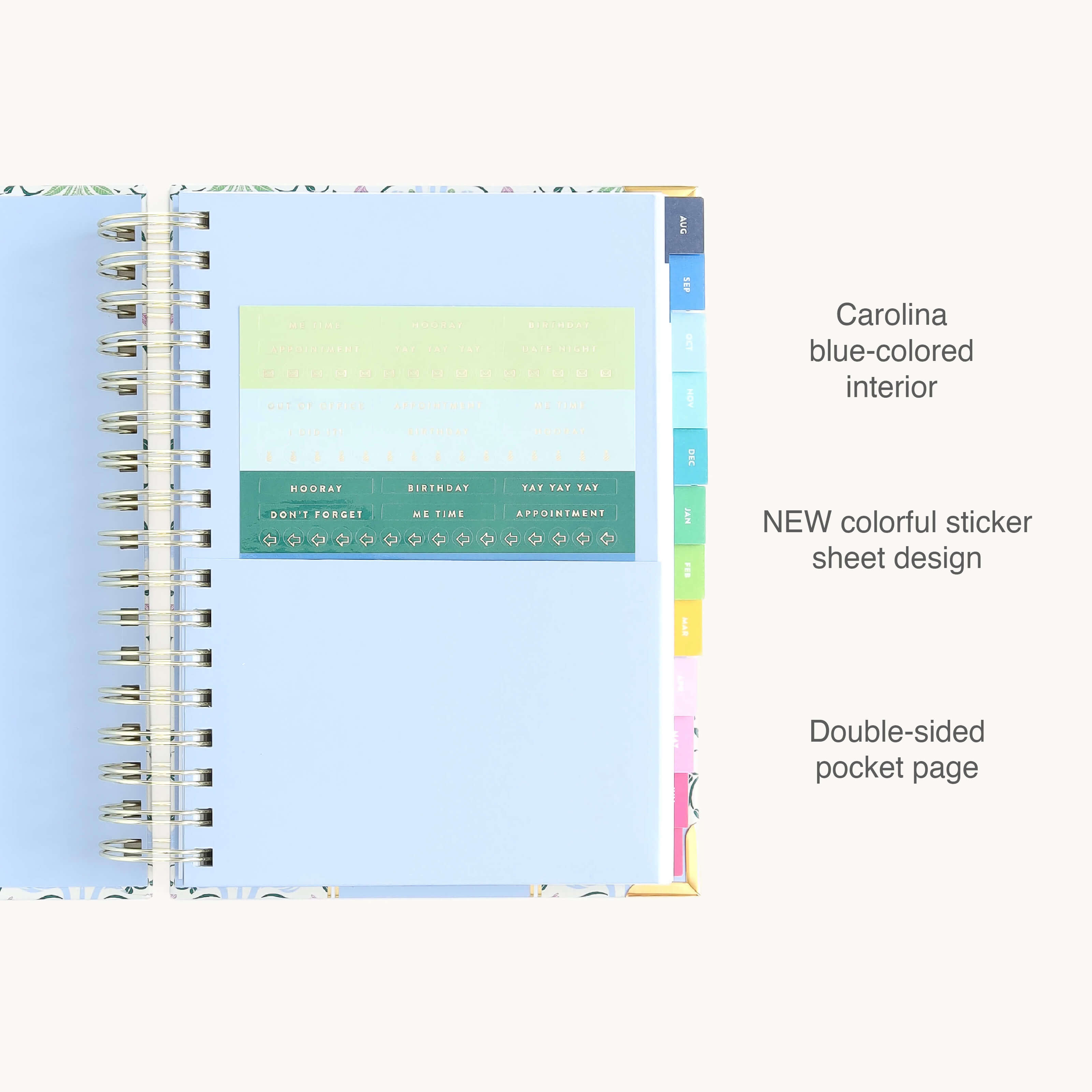 Spiral daily planner interior with storage pocket and sticker page for organizing reminders, notes, and planning essentials