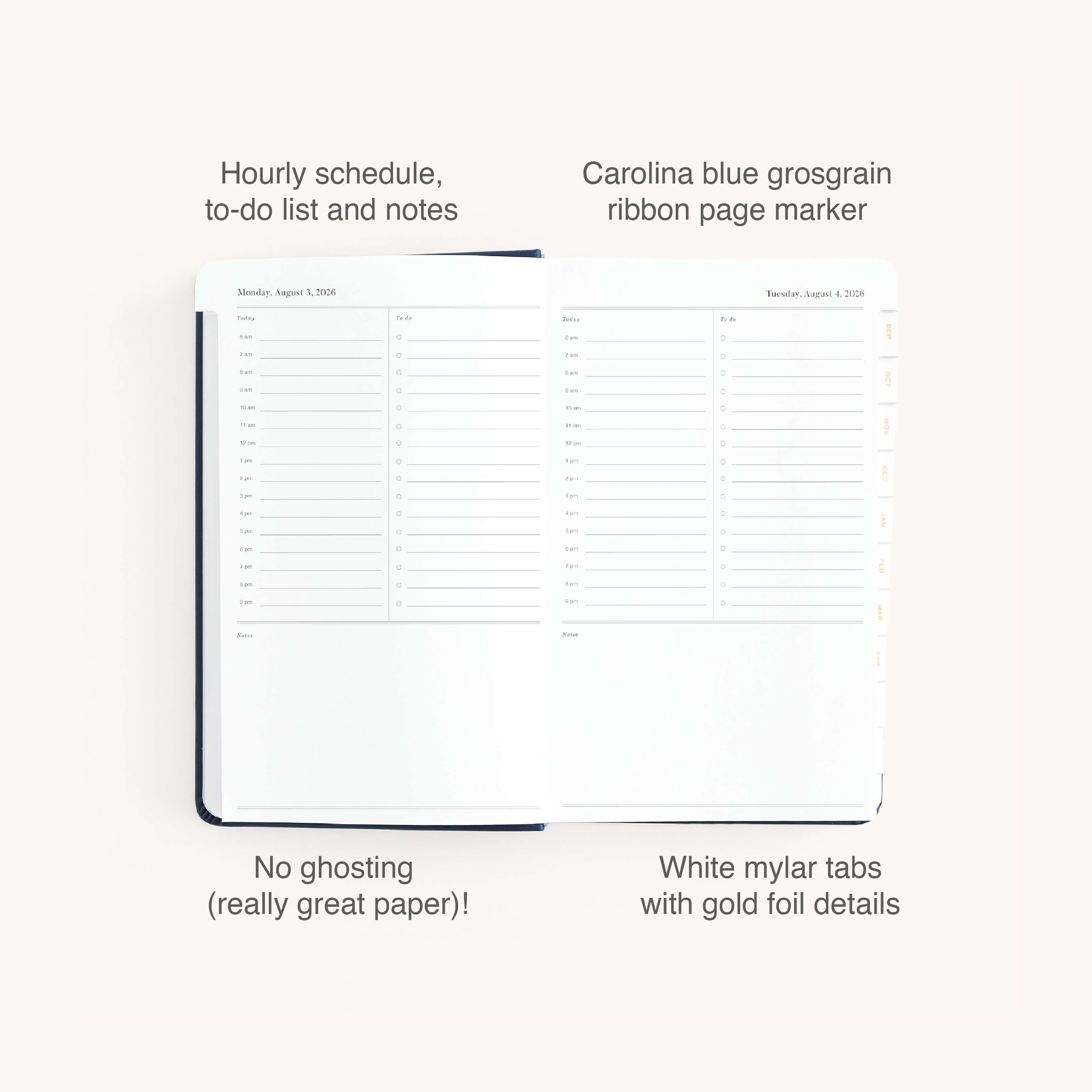 The Simplified 2026-2027 Bookbound Daily Dapperdesk Planner in Navy features an hourly schedule, to-do list, notes, durable leatherette cover, blue grosgrain ribbon page marker, gold foil mylar tabs, and no-ghosting high-quality paper.