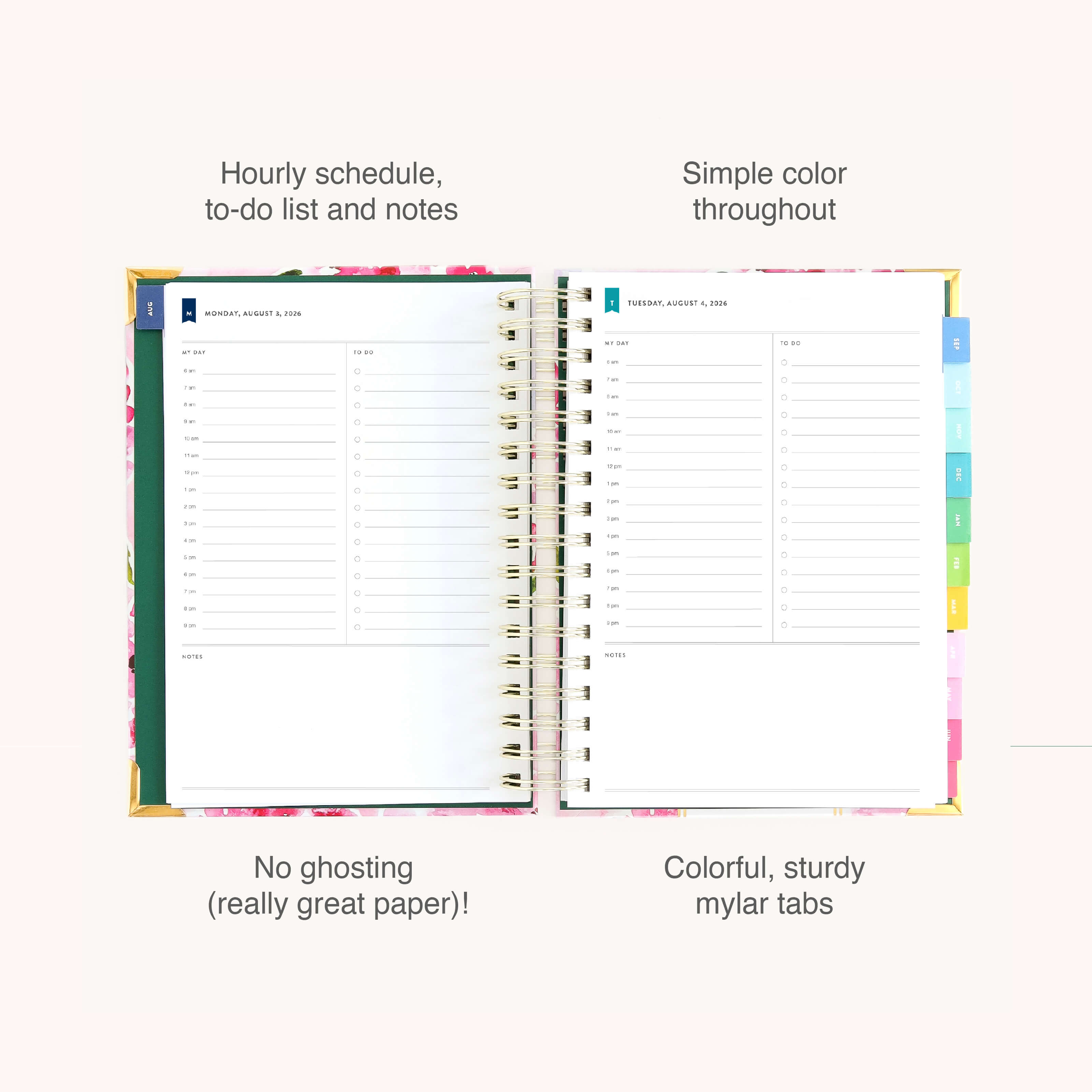 The 2026-2027 Spiral Daily Simplified Planner - Blush Hydrangea by Simplified shows hourly schedules, to-do lists, and notes on sturdy paper with colorful mylar tabs—no ink ghosting, just simple style for all your planning needs.